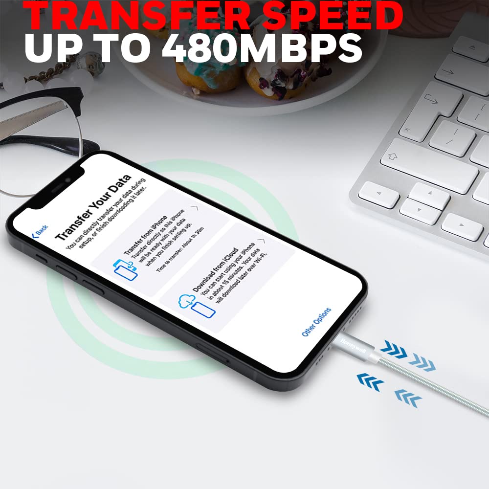 Honeywell Apple Lightning Sync and Charge Cable 1.2M (Silver) - Fast Charging & Data Sync for iPhone, iPad, iPod - Perfect for Home, Office, and Travel Use