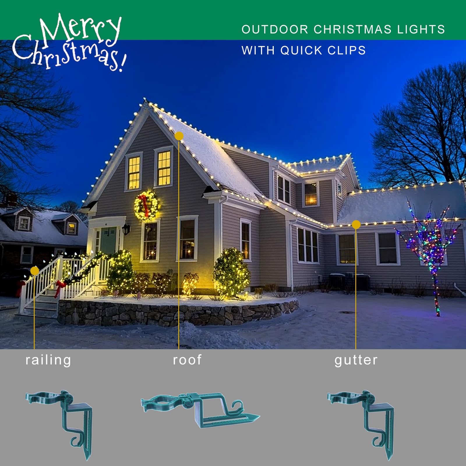 C9 Outdoor Christmas Lights - 66ft 100 LED String Lights with Quick Clips, Warm White Plug-in Connectable Holiday Lights for Roof, Gutter, House Decoration - Perfect for Xmas, Patio, Garden & Yard Decor