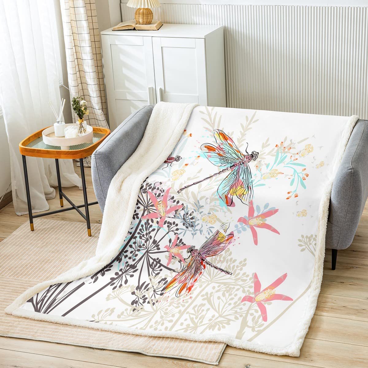 Feelyou Dragonfly Fleece Sherpa Throw Blanket - Ultra Soft Cozy Fluffy Flowers Fuzzy Blanket for Women & Adults - 90