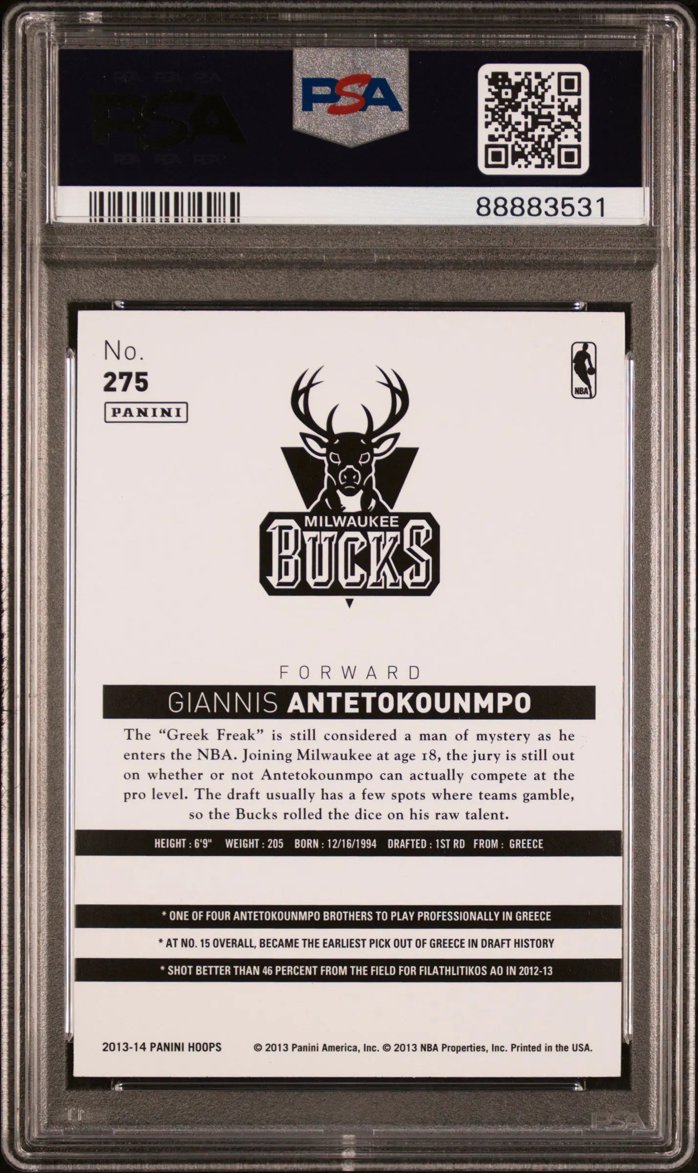2013 Panini Hoops Giannis Antetokounmpo Rookie Card #275 PSA 10 Gem Mint - Perfect for Basketball Card Collectors and NBA Memorabilia Fans