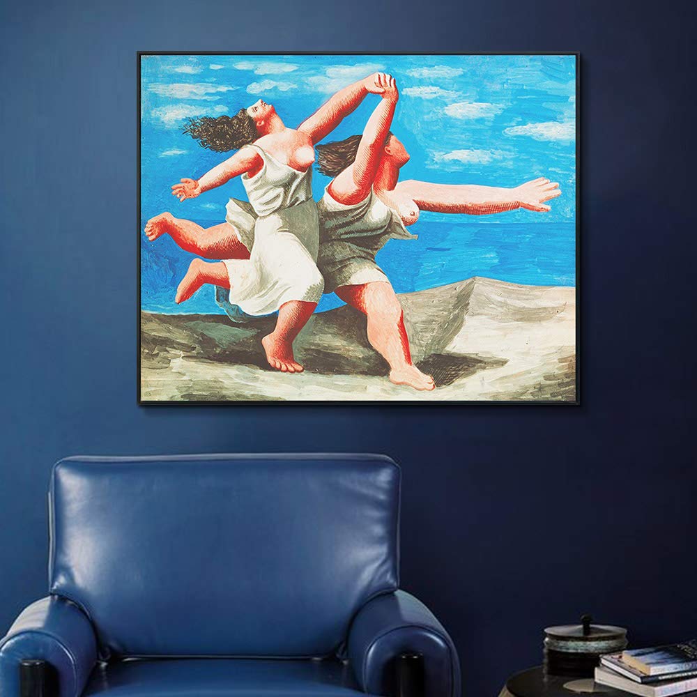 Pablo Picasso 'The Race' 1922 Framed Canvas Giclee Print - Two Women Running on Beach Wall Art - 24x32 Inch Black Frame with Mat - Perfect for Living Room, Home Office & Bedroom Decor