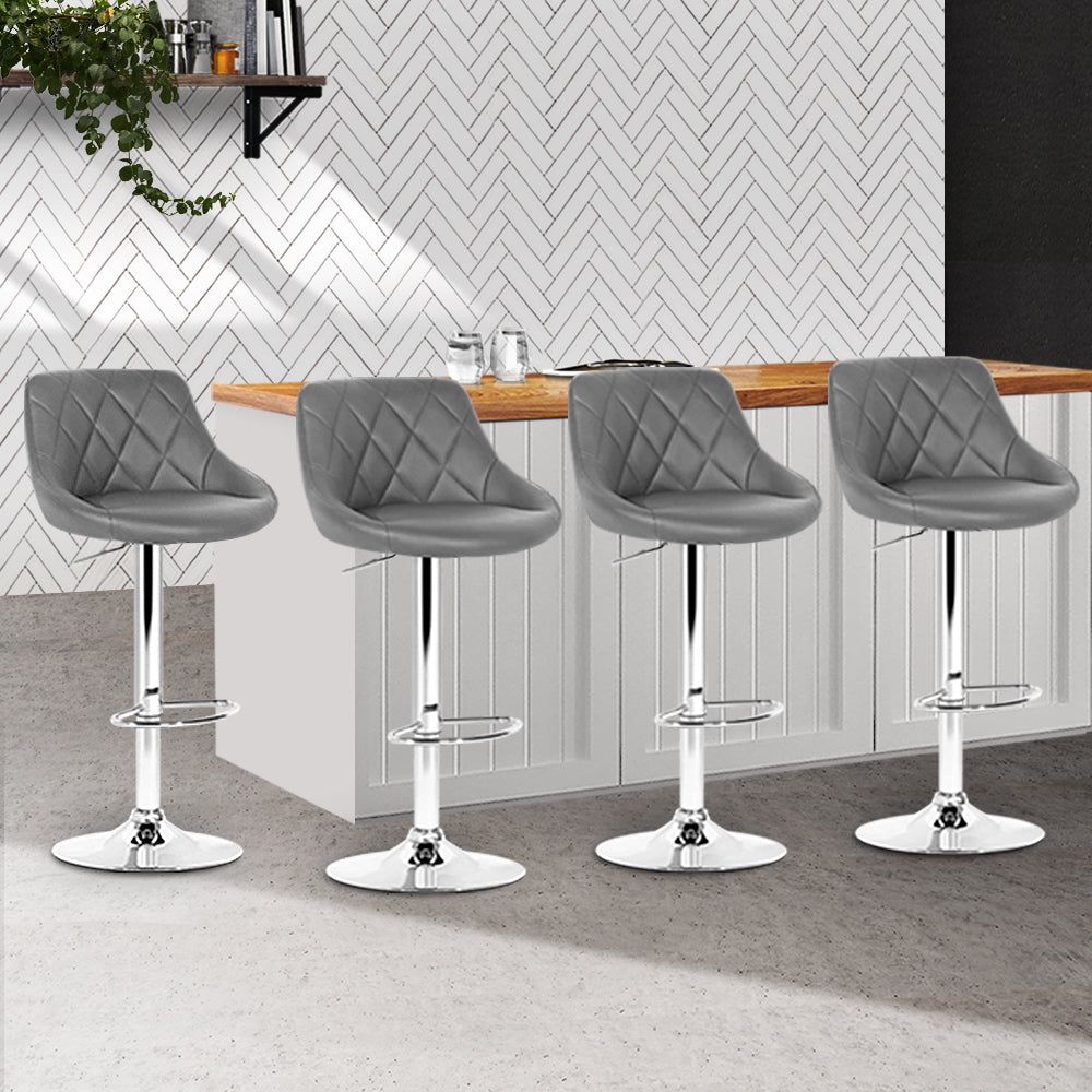 4 Bar Stools with Leather Padded Seats & Gas Lift Mechanism in Grey - Perfect for Kitchen Islands, Breakfast Bars & Home Bars