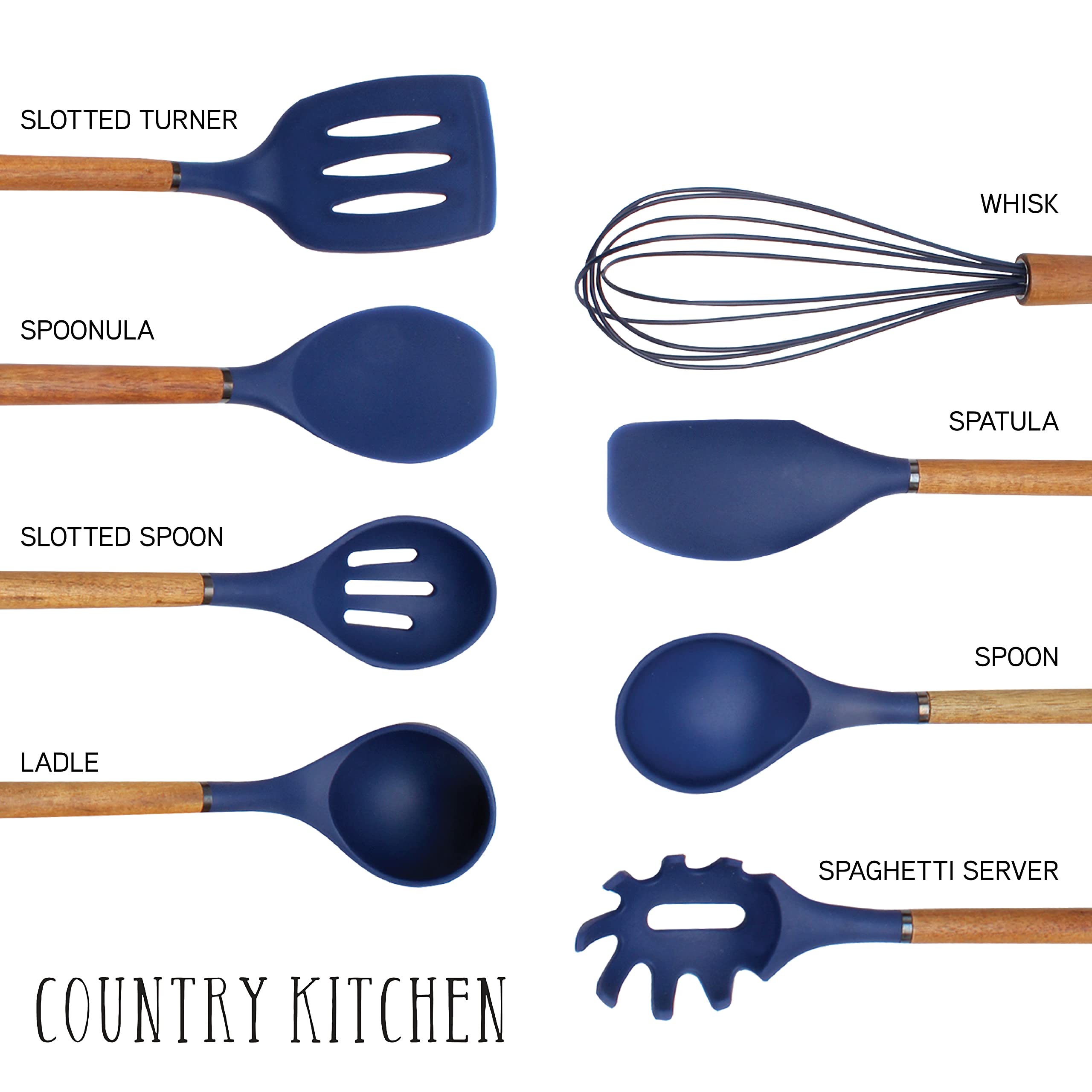 Non-Stick Silicone Cooking Utensil Set with Wooden Handles - 8-Piece Kitchen Tool Collection for Baking, Frying & Stirring (Navy Blue) - Perfect for Home Chefs & Holiday Cooking Gifts