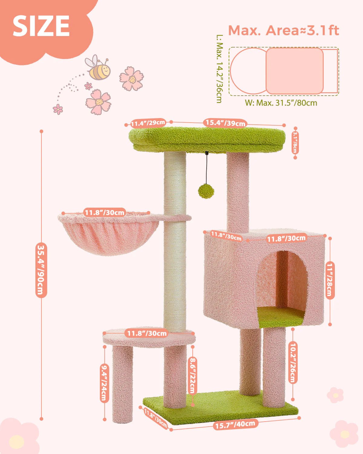 Pink Cat Condo Scratching Post with Hammock - Multi-Level Cat Tree Furniture for Climbing, Scratching & Lounging - Perfect for Indoor Cats Play & Relaxation
