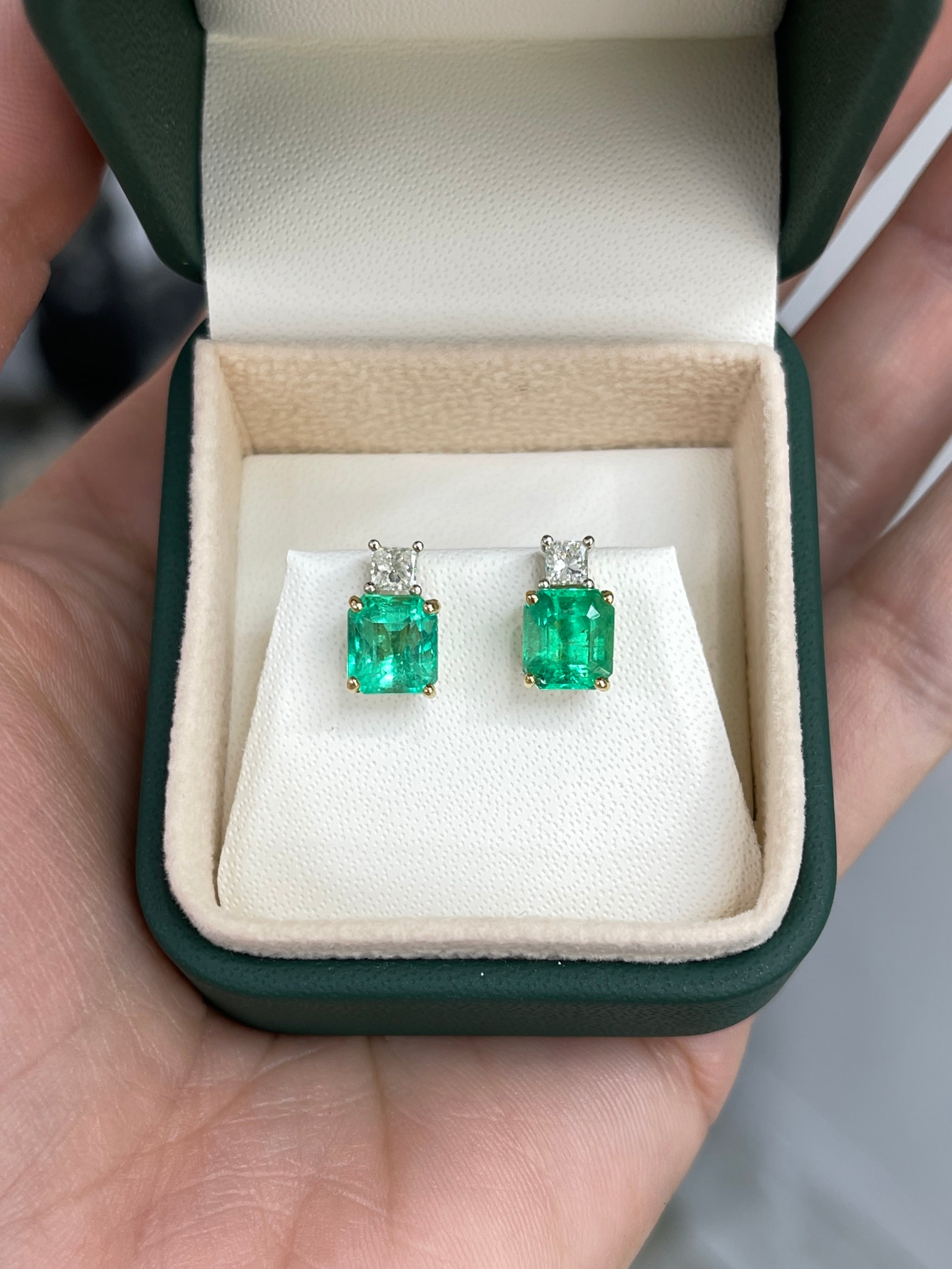 3.10tcw GIA Certified Colombian Emerald & Princess Cut Diamond Earrings in 18K Two-Tone Gold – Perfect for Weddings, Anniversaries & Special Occasions