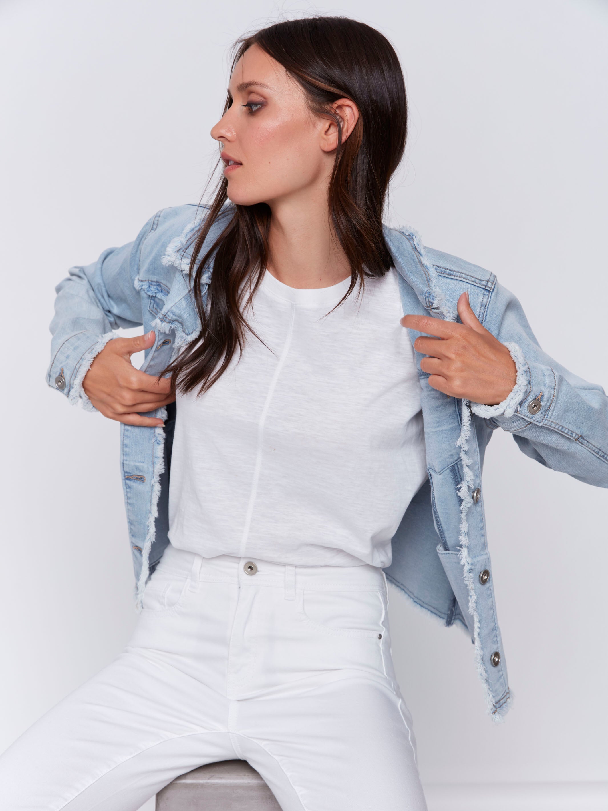 Frayed Edge Stretch Denim Jacket - Distressed Bleach Blue Washed Women's Denim Jacket for Casual Outfits & Streetwear Fashion