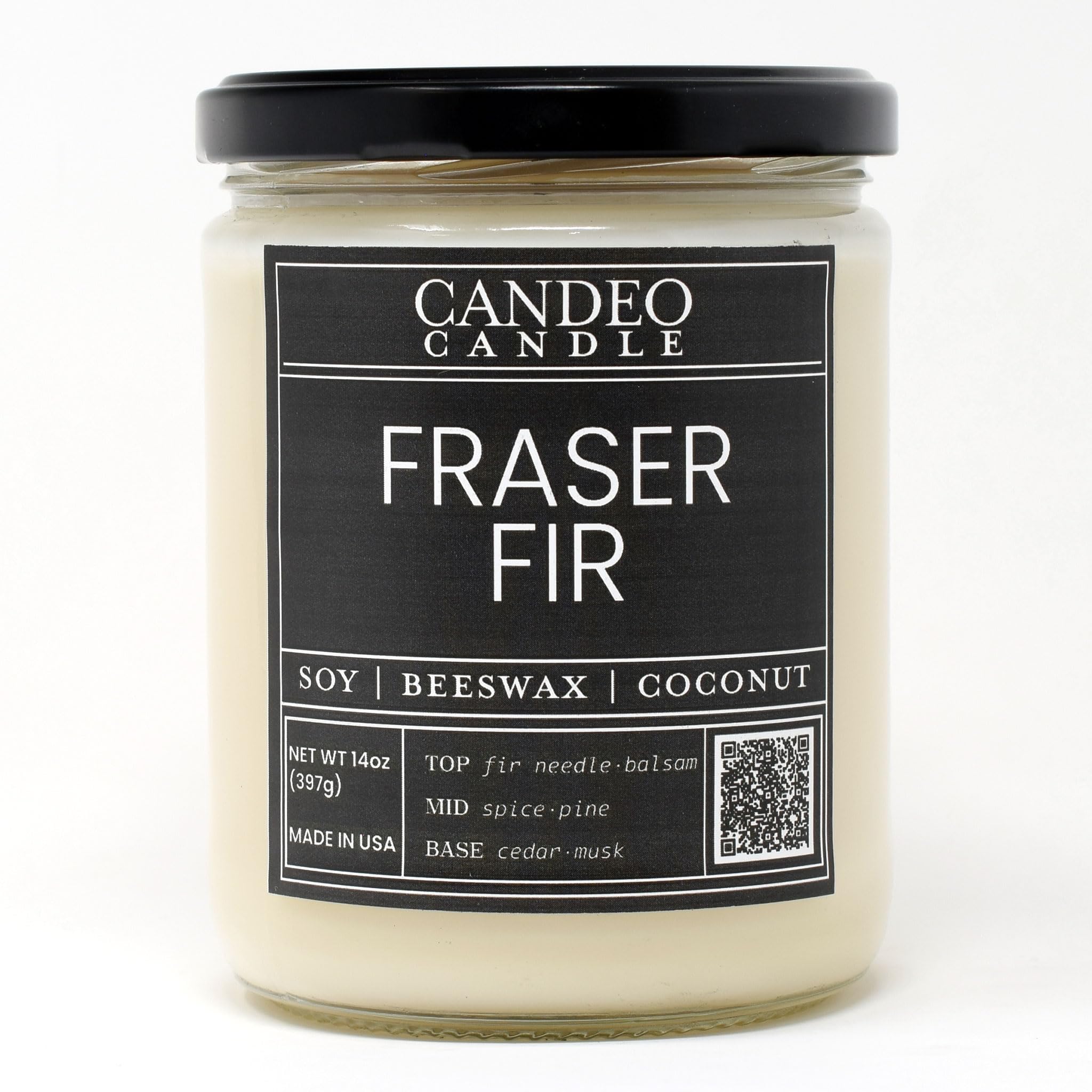 Premium Fraser Fir Scented Jar Candle - 14oz Natural Beeswax, Coconut & Soy Blend - Handmade in USA - Candeo Candle for Home, Office & Holiday Decor