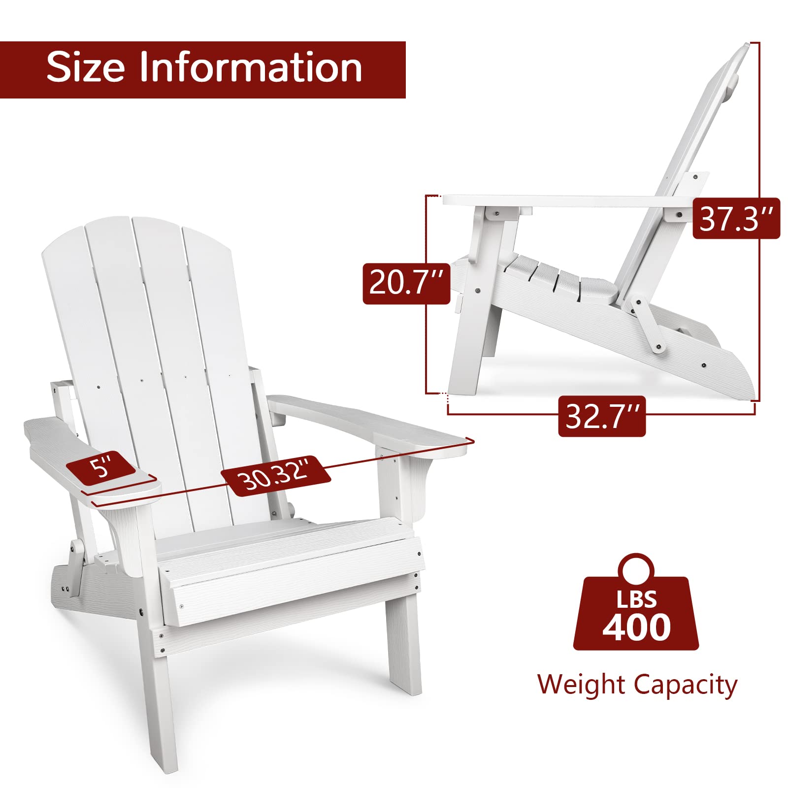 Stoig All-Weather Folding Adirondack Chairs Set of 2 - Heavy Duty 400 lbs Capacity Outdoor Plastic Patio Chairs for Backyard, Lawn, Beach, Garden & Deck - Perfect for Relaxing, Sunbathing and Outdoor Entertaining