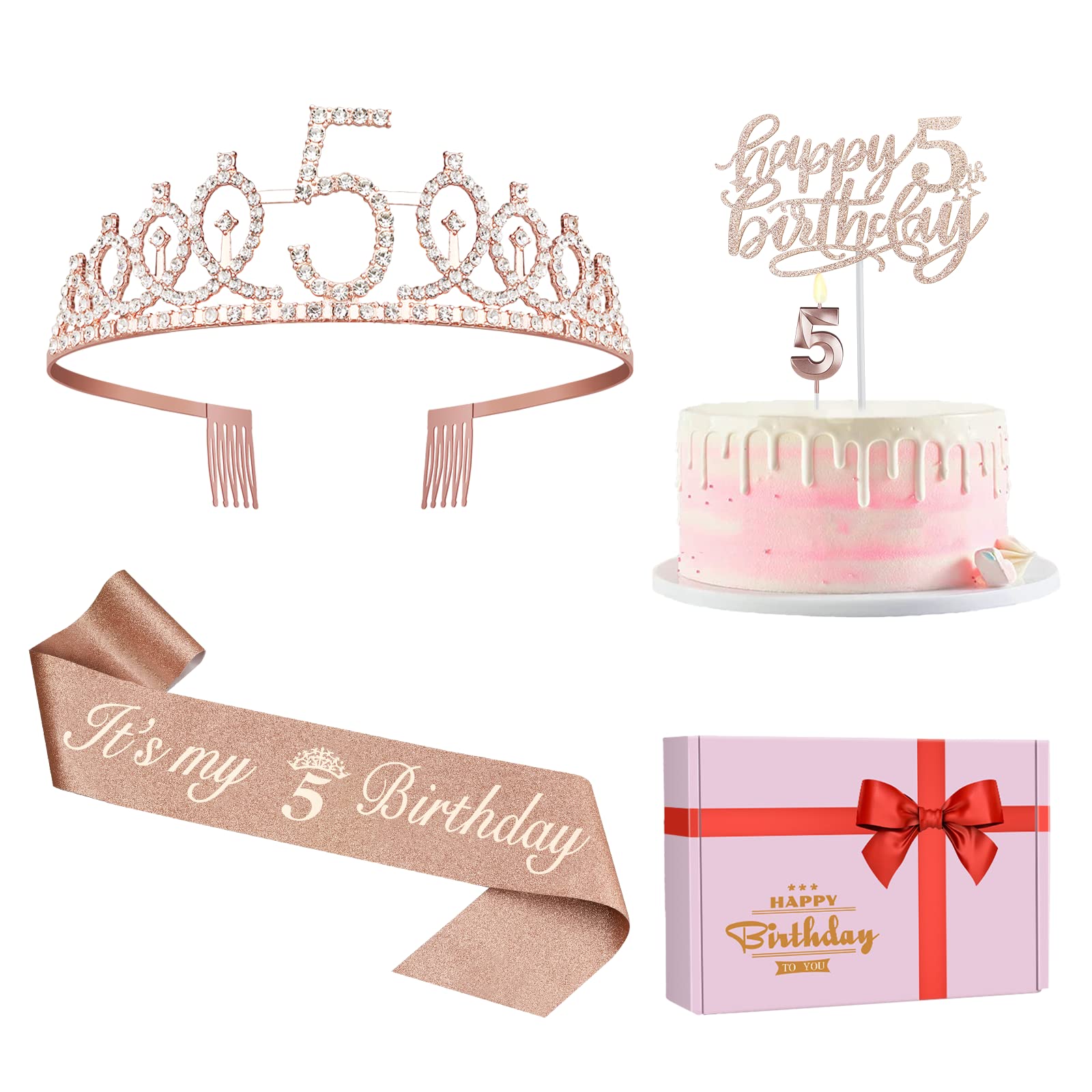 5th Birthday Party Decorations for Girls - Princess Crown Tiara, Birthday Sash, Cake Topper & Candles Set - Perfect 5 Year Old Girl Birthday Gift for Princess Themed Parties & Celebrations