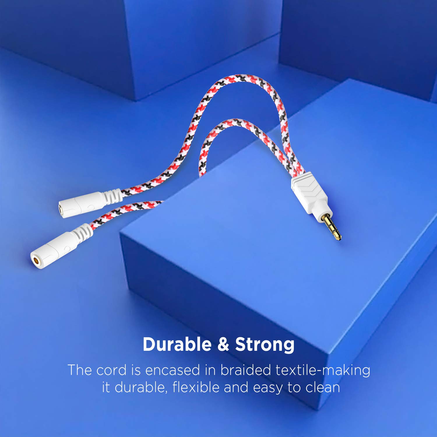 Premium DUKABEL 3.5mm Headphone Splitter Cable - Gold Plated Stereo Audio Y Adapter with Braided Nylon - Compatible with iPhone, Android, Smartphones, Tablets & More (0.85ft/26cm) - Perfect for Sharing Music, Gaming & Online Classes