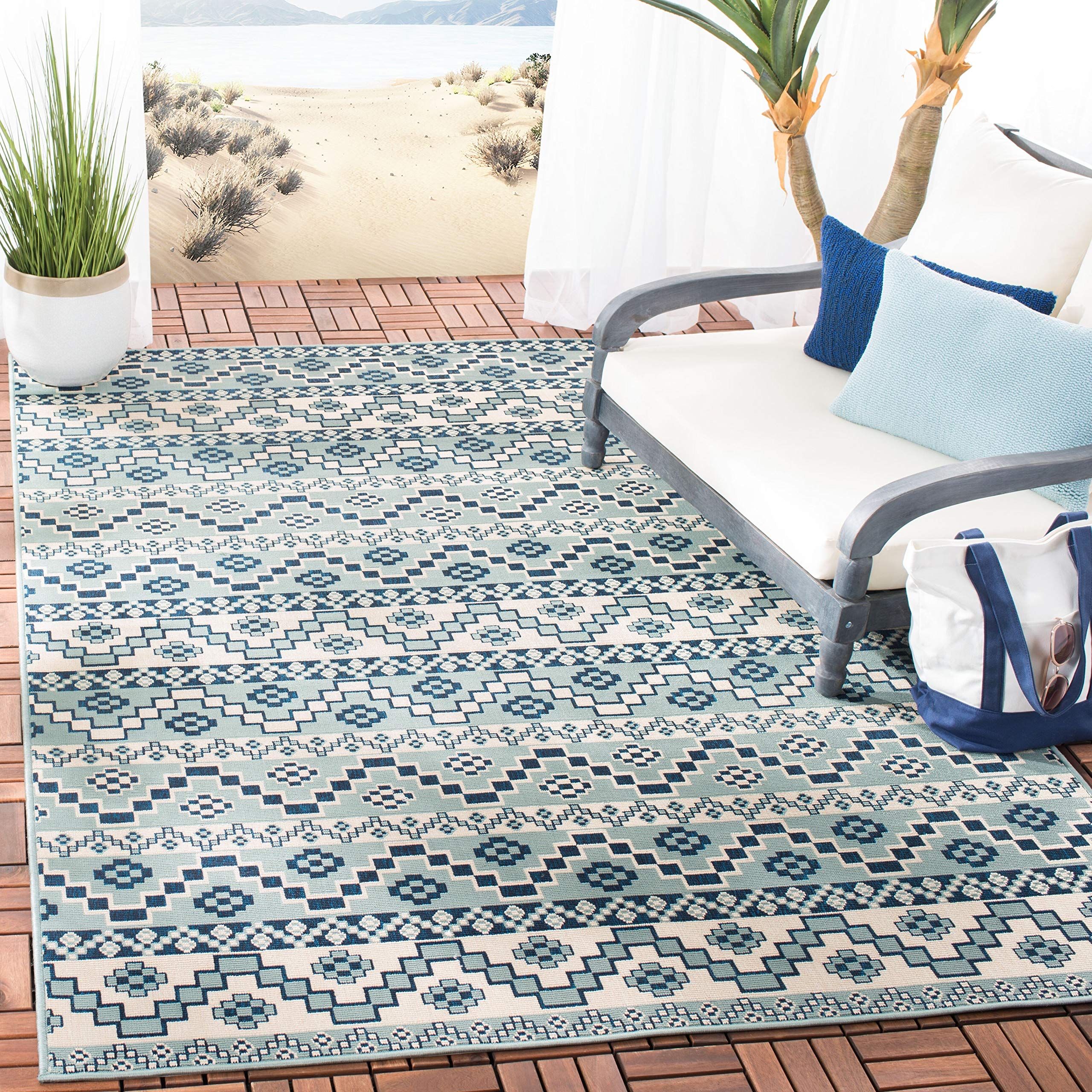 SAFAVIEH Veranda Collection 9' x 12' Turquoise Blue Boho Design Non-Shedding Easy Care Indoor Outdoor Washable Area Rug - Perfect for Living Room, Bedroom, Patio, Backyard, Mudroom (VER095-3934)
