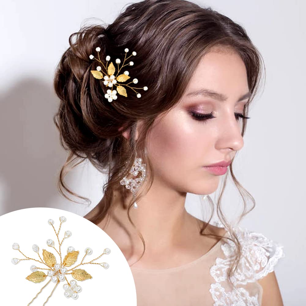 12 Pack Gold Hair Pins with Leaf Flower & Pearls - Elegant Bridal Hair Clips for Weddings, Prom, Parties - Perfect for Brides, Bridesmaids & Flower Girls