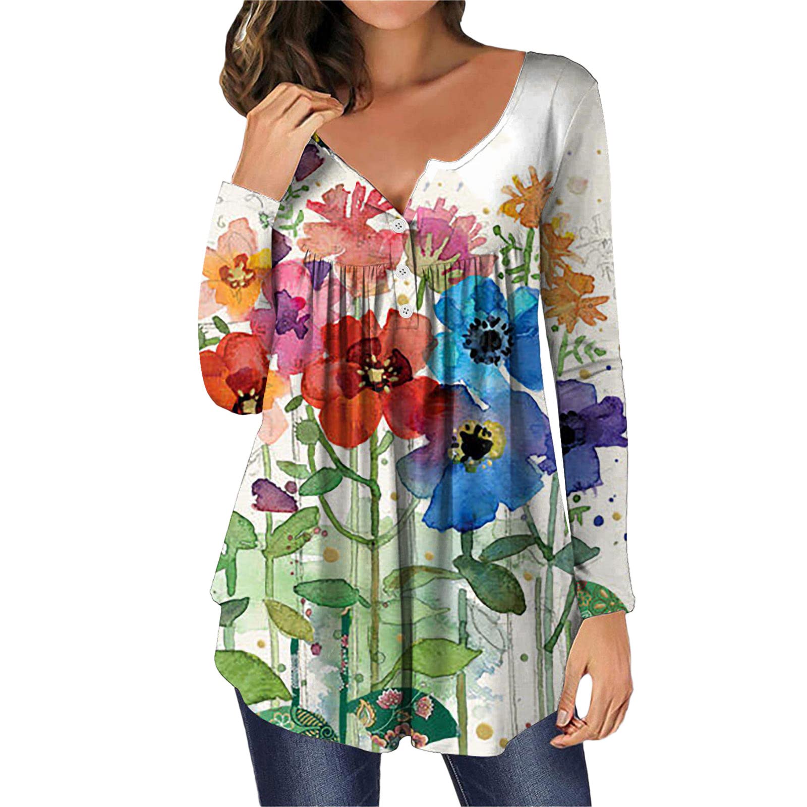 Women's V-Neck Long Sleeve Pleated Flowy Blouse - Plus Size Casual Henley Shirt for Work, Date Night & Everyday Wear