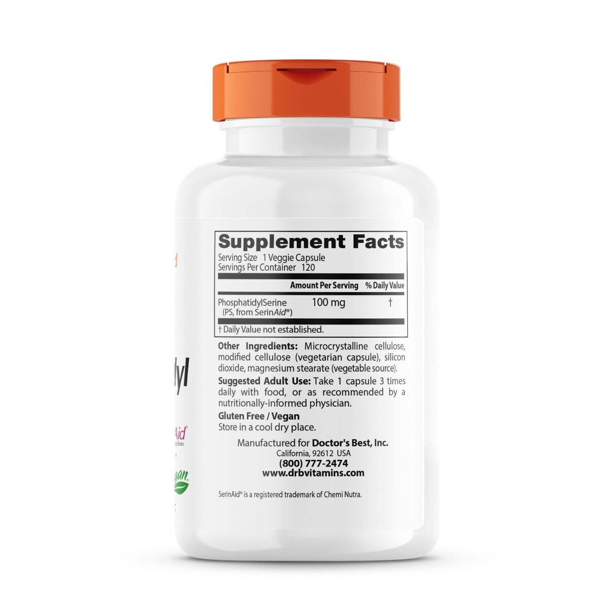 Doctor's Best Phosphatidylserine with SerinAid 100mg - 120 Vegetarian Capsules for Memory Support & Cognitive Function - Ideal for Students, Professionals & Seniors
