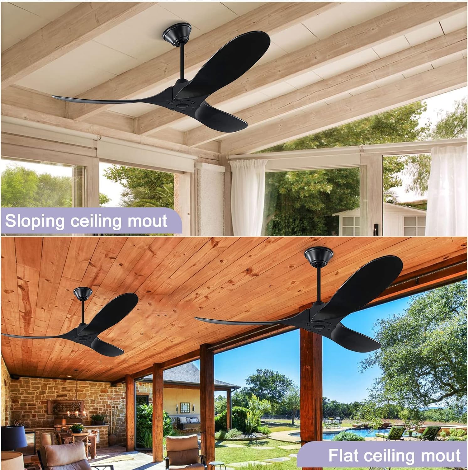 60 Inch Black Ceiling Fan No Light - High Airflow Outdoor Ceiling Fan with Remote Control - Modern 3-Blade Wood Ceiling Fan for Patio, Gazebo, Indoor & Sloped Ceiling Use - Perfect for Living Room, Bedroom, Porch & Covered Outdoor Spaces