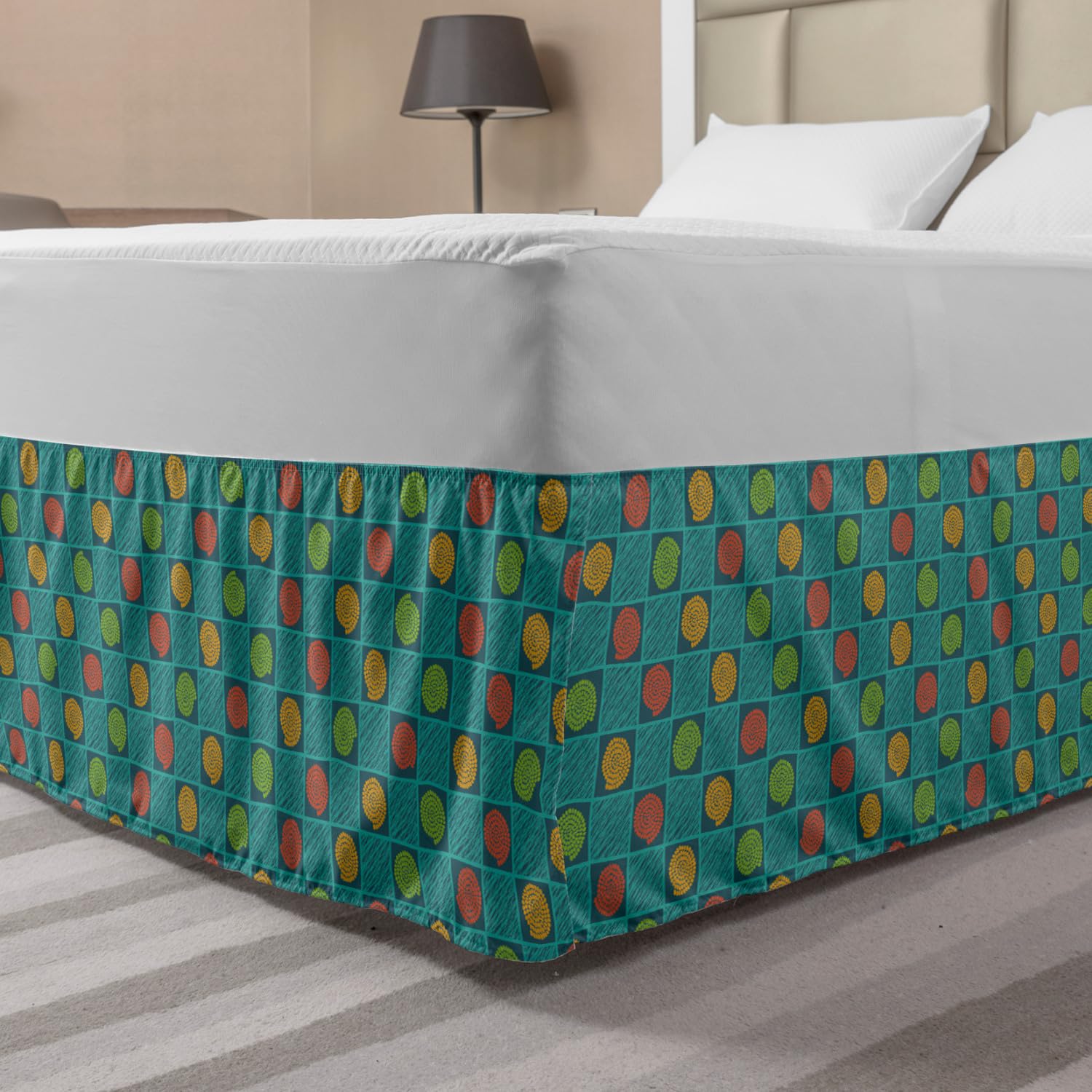 Ambesonne Geometric Elastic Bed Skirt - Abstract Square Box & Spiral Dotted Circles Design on Teal Background - Wrap Around Dust Ruffle for Queen Size Beds - Perfect for Modern Bedroom Decor & Guest Room Styling