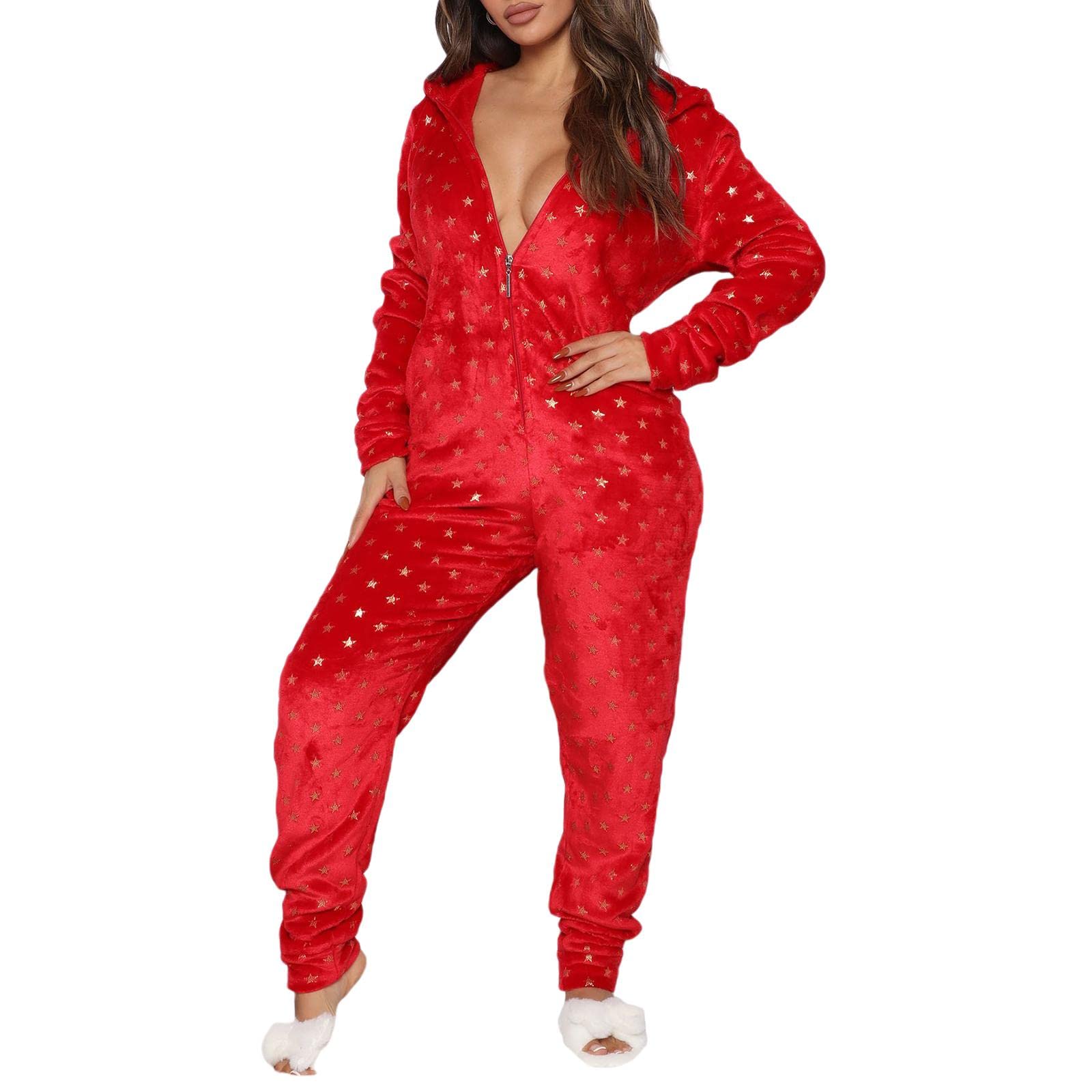 Women's Fleece Hooded Jumpsuit - Christmas One Piece Pajamas with Zipper | Cozy Winter Sleepwear & Lounge Wear for Holiday Parties, Sleepovers and Relaxing at Home