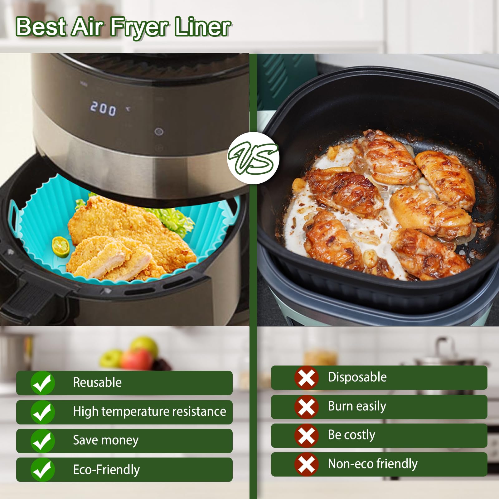4 Pack Reusable Silicone Air Fryer Liners - 8 Inch Food Grade Non-Stick Basket Liners | Safe Oven Accessories Replacement for Flammable Parchment Paper | Perfect for Air Frying, Baking & Meal Prep