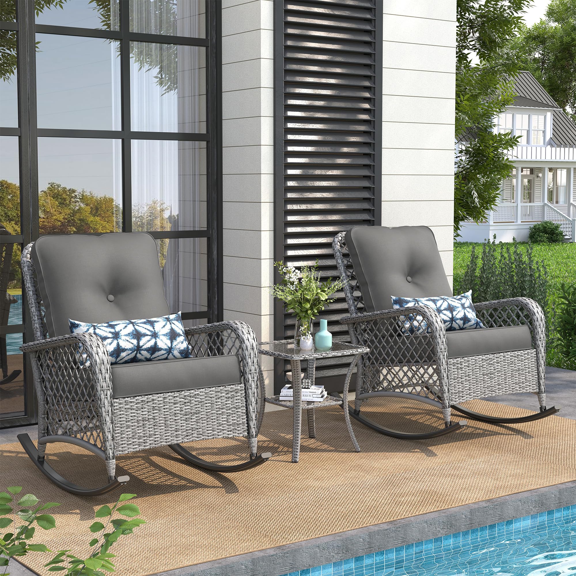 UDPATIO 3-Piece Wicker Outdoor Rocking Chair Set with 2 Rockers & Side Table - 4