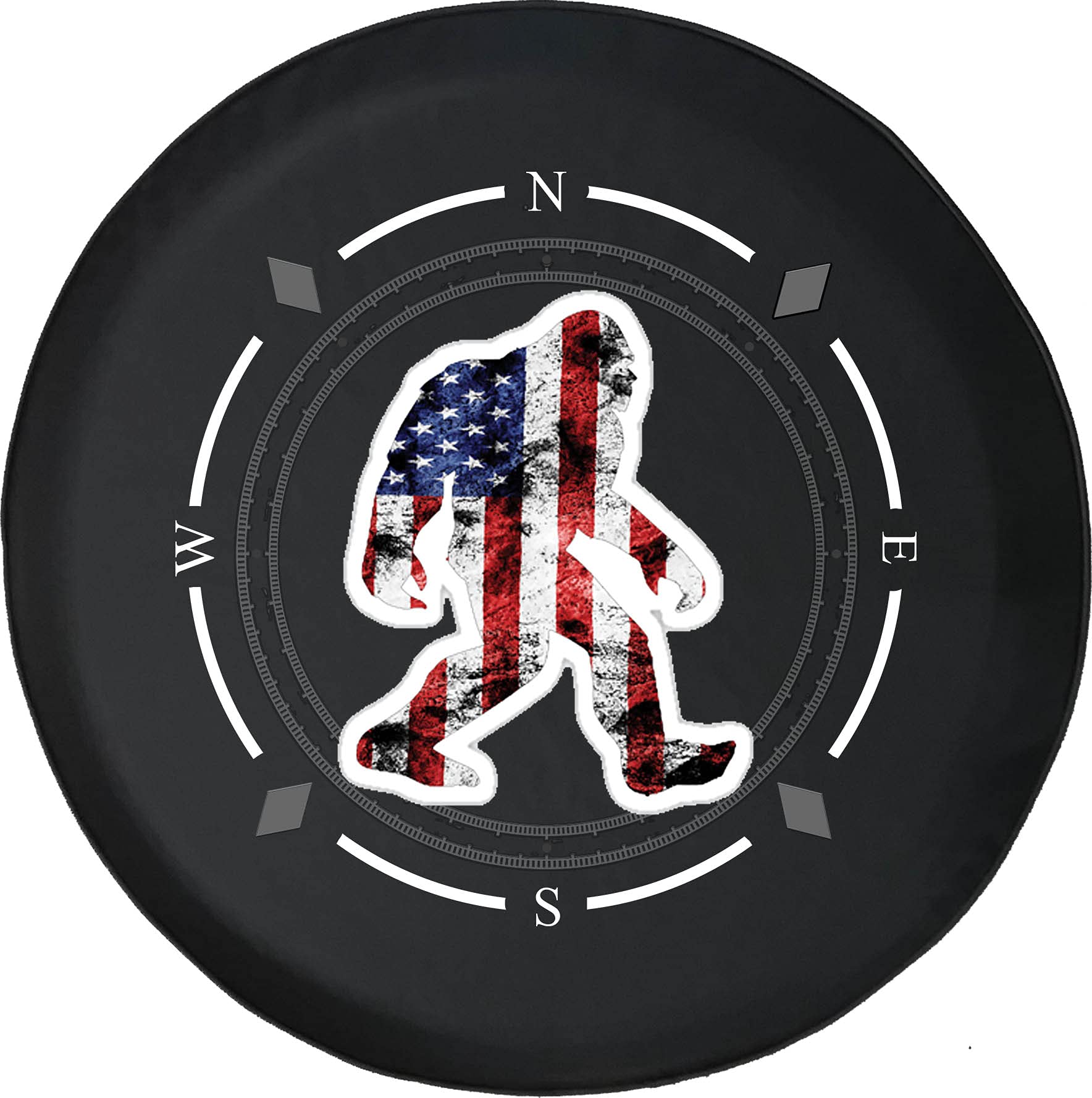 Vintage American Flag Bigfoot Spare Tire Cover with Compass Design - Universal Fit for SUV, Trailer, RV & Most Vehicles | Durable Wheel Accessory for Off-Road Adventures & Road Trips