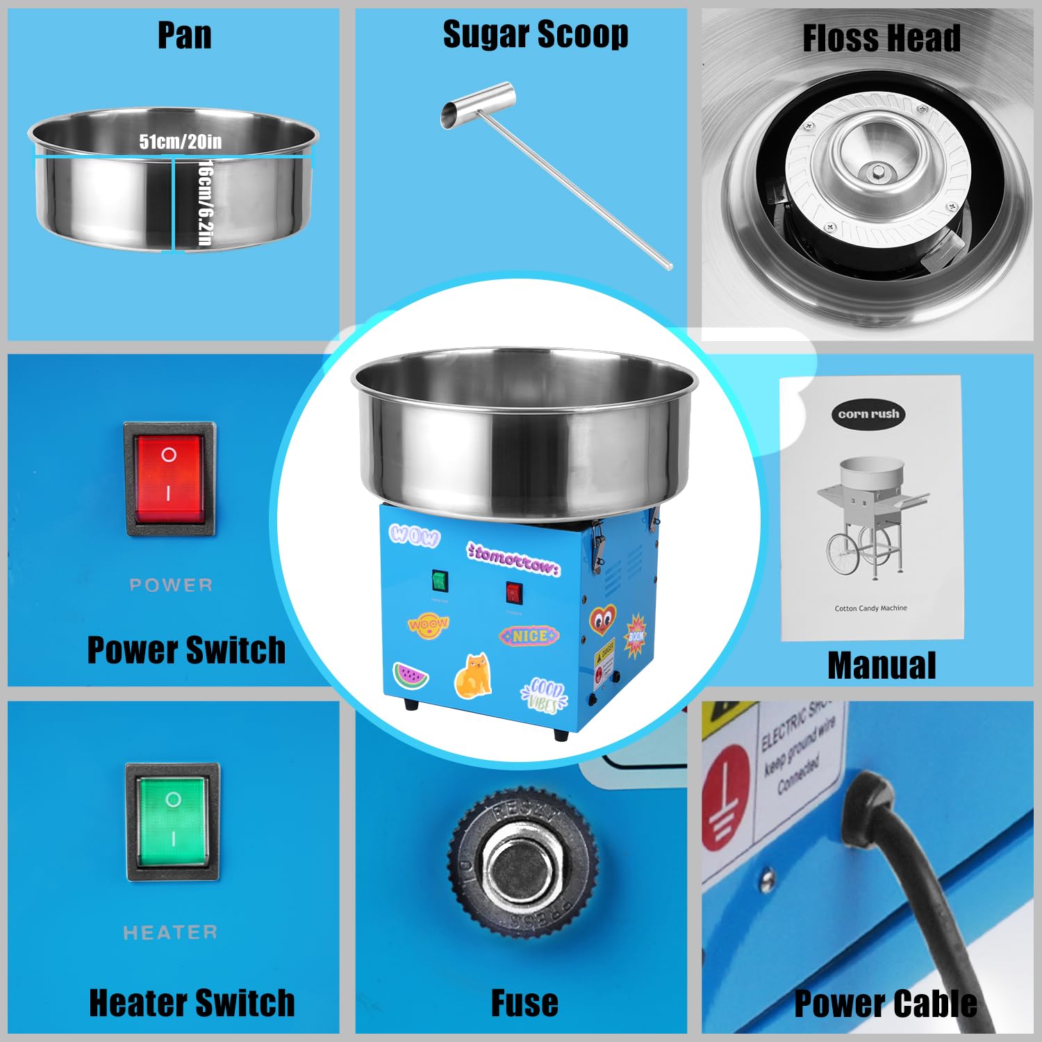 Commercial Cotton Candy Machine 1100W - Blue Electric Candy Floss Maker with Stainless Steel Bowl, Sugar Scoop & 50 Cones - Perfect for Birthday Parties, Carnivals, Family Events & Home Use