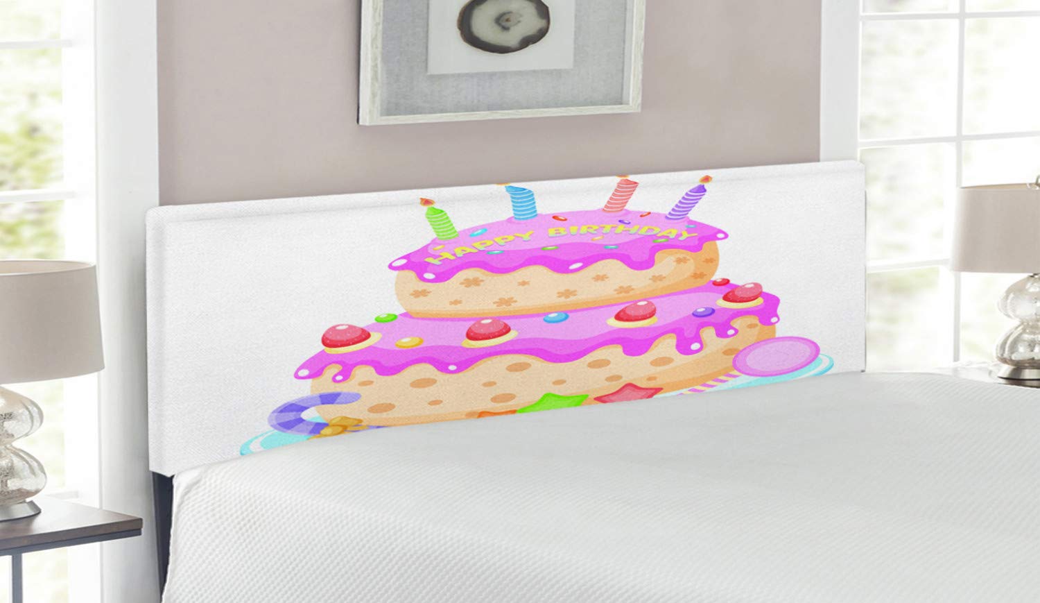 Ambesonne Pastel Birthday Cake Headboard - Decorative Upholstered Metal Bed Frame with Memory Foam, Queen Size in Pale Pink - Perfect for Birthday Party Decorations & Bedroom Makeovers