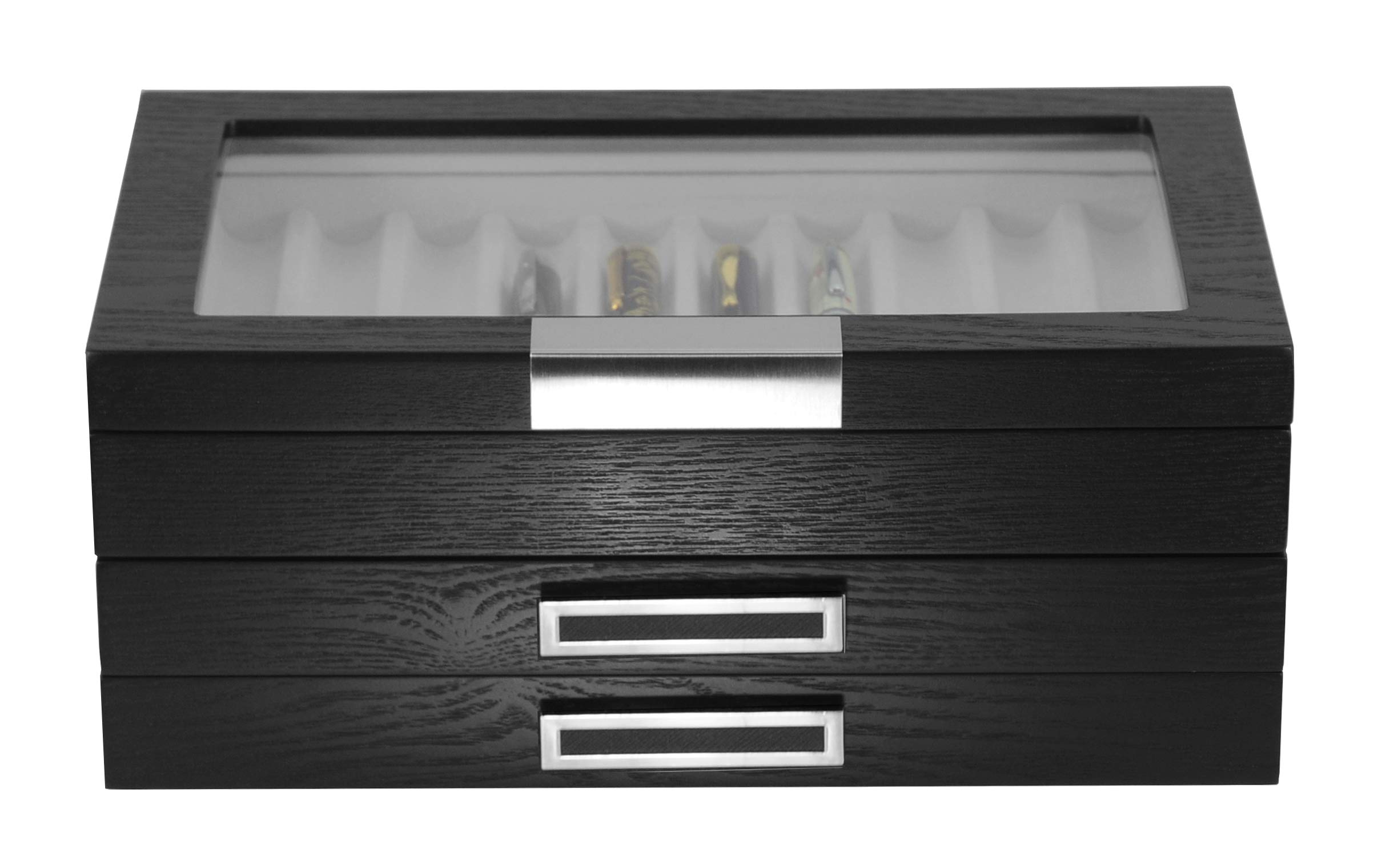 30-Piece Black Ebony Wood Personalized Pen Display Case - Fountain Pen Collector Organizer Box with Glass Window & 3-Tier Drawers - Perfect for Office, Home Desk, and Gift for Pen Enthusiasts