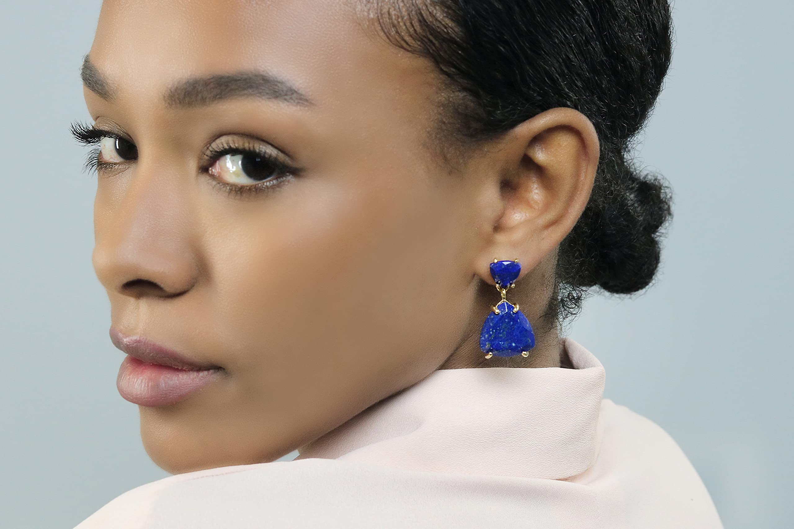 Lapis Lazuli and Anemone Double Stone Dangling Earrings for Women - September Birthstone Statement Jewelry - Elegant Blue Gemstone Gold Earrings - Perfect Gift for Birthday, Anniversary, and Special Occasions