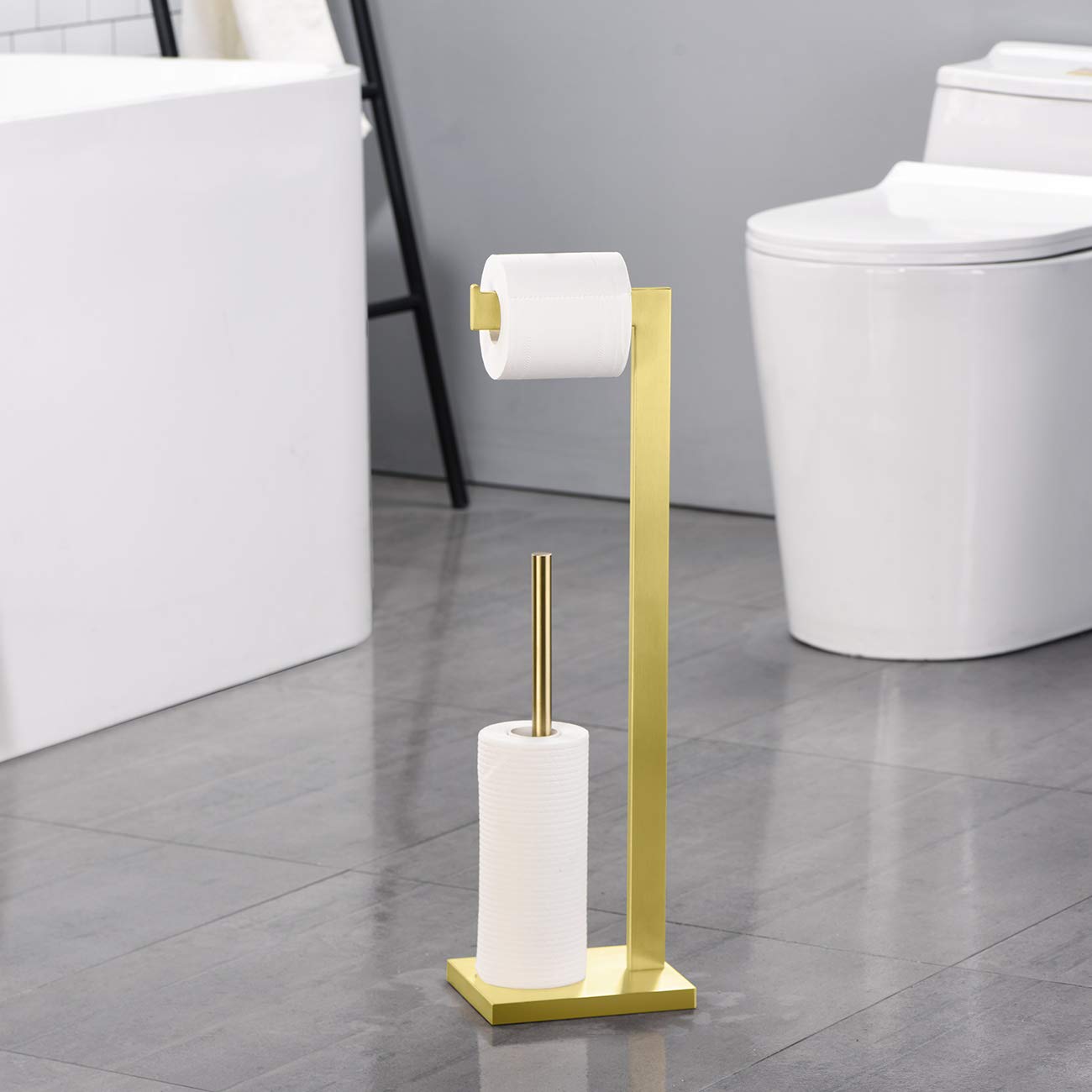 Free Standing Toilet Paper Holder Stand with Storage - SUS 304 Stainless Steel Brushed Gold Bathroom Organizer (TPS104S2-BG) | Perfect for Modern Bathrooms, Powder Rooms & Guest Suites