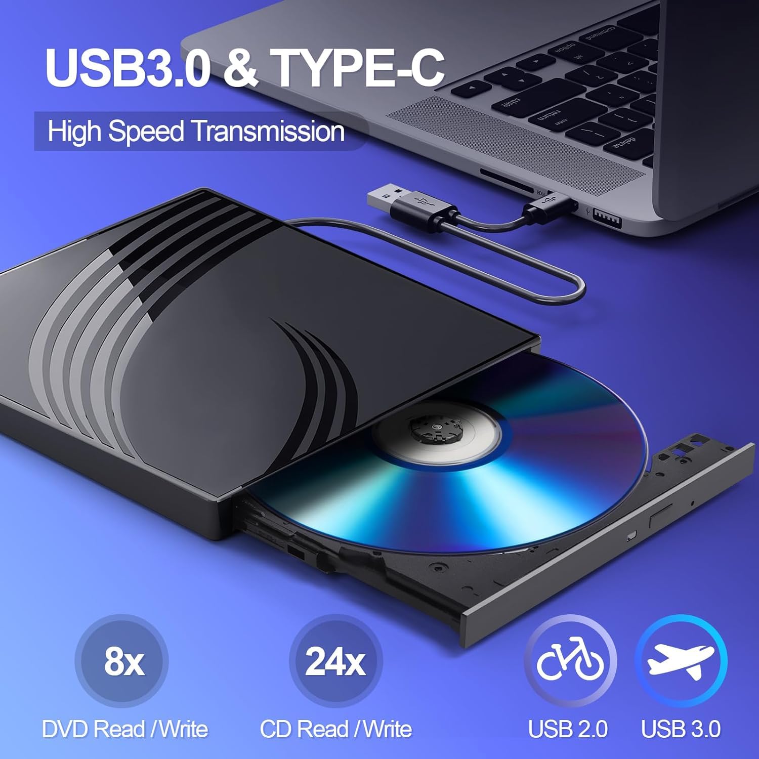 Portable External CD/DVD Drive for Laptop with Carrying Case, USB 3.0 DVD Burner, 4-Port Hub, TF/SD Card Reader, Compact CD Writer for Home, Office, and Travel Use
