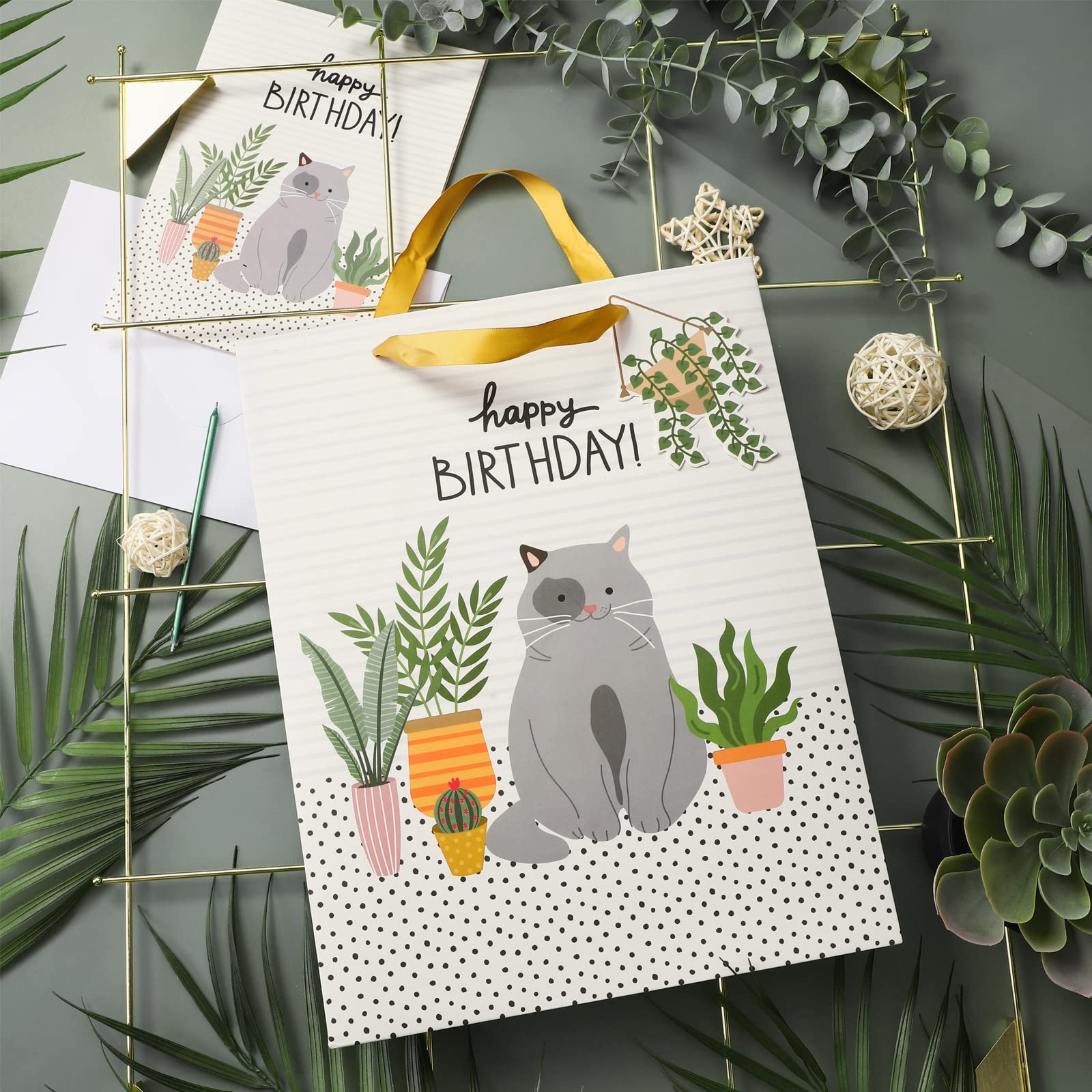 MAYPLUSS 13 Inch Large Gift Bags with Greeting Card & Tissue Paper - Birthday Party Favor Bags with Cute Cat & Green Plant Designs - Perfect for Birthday Gifts, Baby Showers & Special Occasions