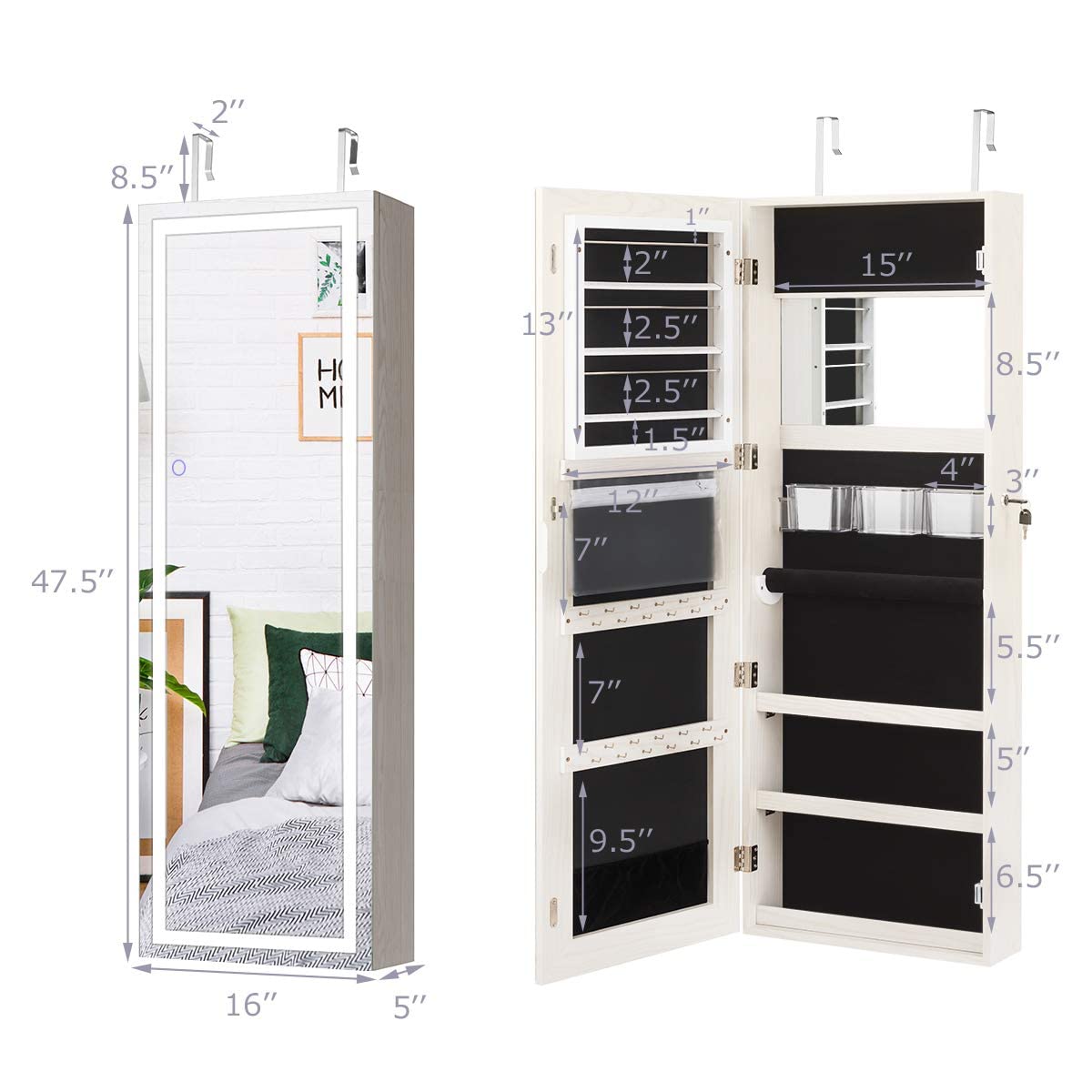 MAT EXPERT Wall/Door Mounted Jewelry Cabinet with LED Lights & Touch-Screen Mirror - White Lockable Jewelry Organizer for Necklaces, Rings & Makeup - Perfect for Bedroom, Closet & Dressing Room Organization