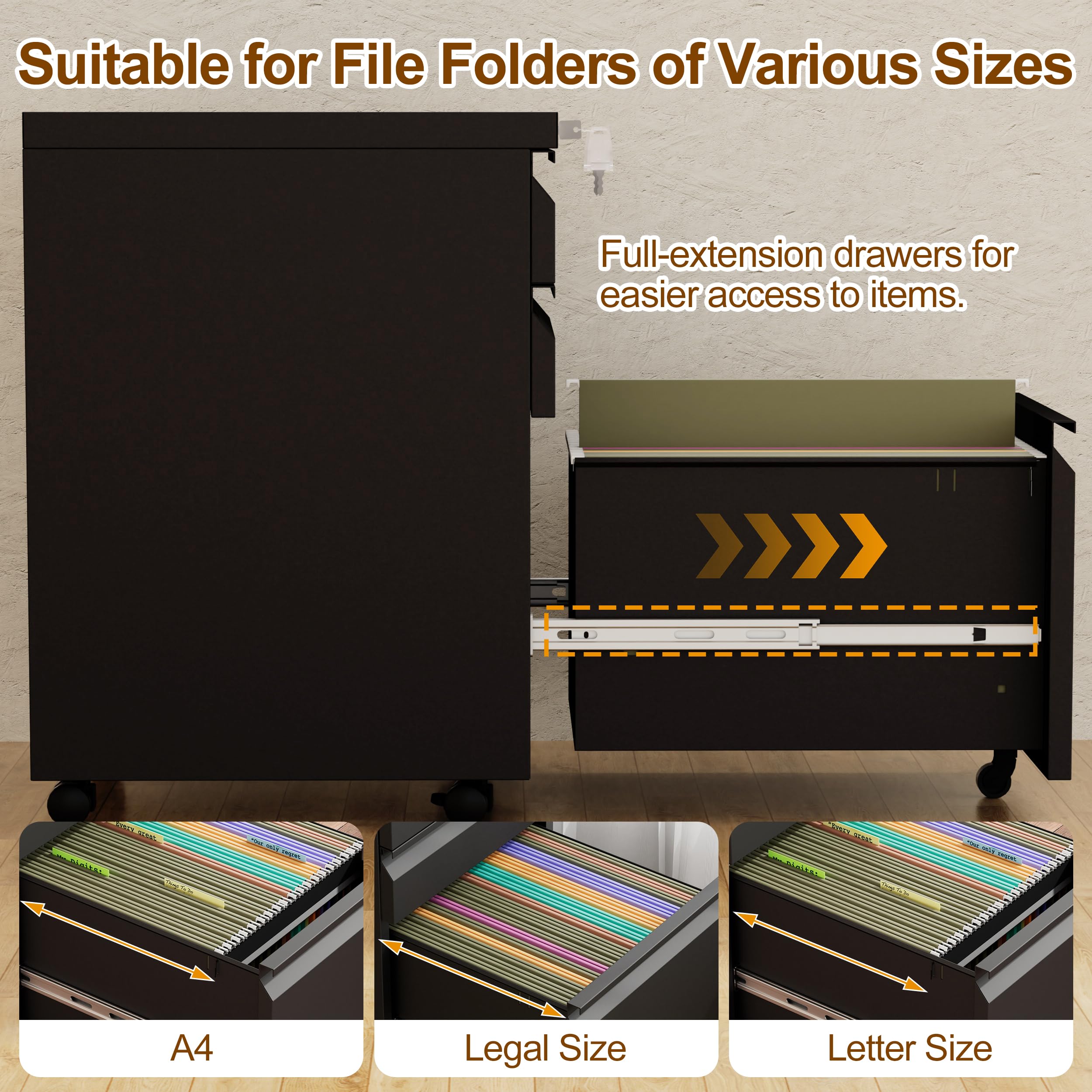 3-Drawer Slim Metal File Cabinet with Lock - Mobile Office Storage for A4, Letter & Legal Folders - Fully Assembled Black Filing Cabinet for Home & Office Organization