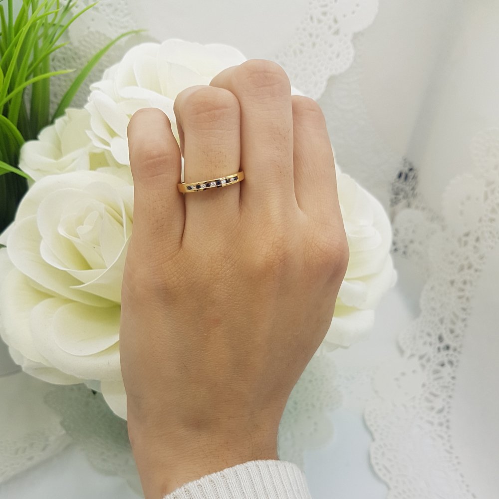 10K Solid Gold Round Blue Sapphire & White Diamond Women's Anniversary Wedding Band Stackable Ring - Elegant Jewelry Gift for Wife, Engagement, Valentine's Day & Special Occasions