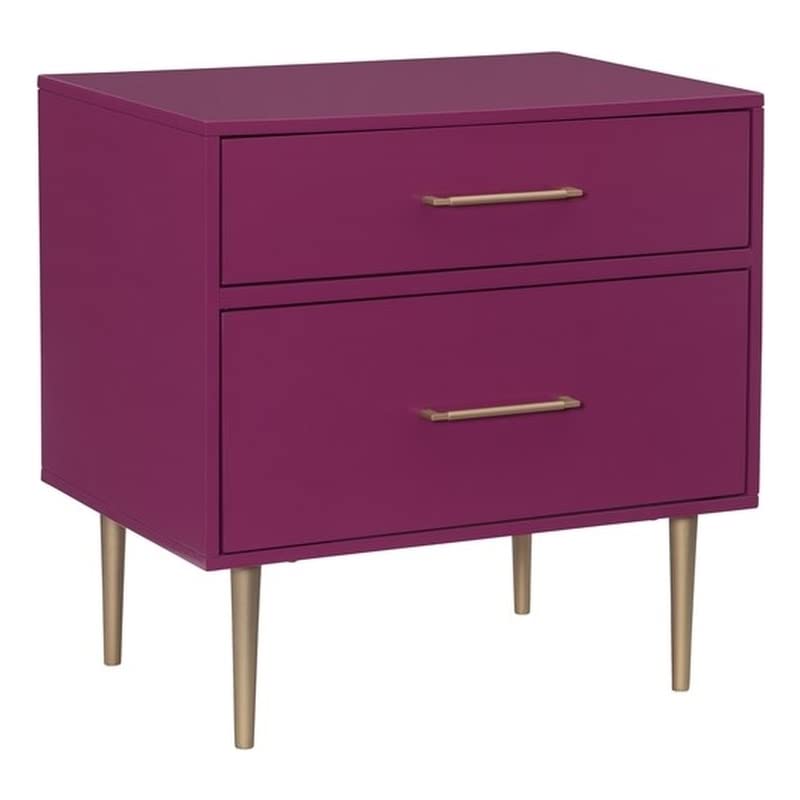 Linon Dylan 2-Drawer Wood Nightstand - Raspberry Purple Finish for Bedroom, Living Room & Guest Room