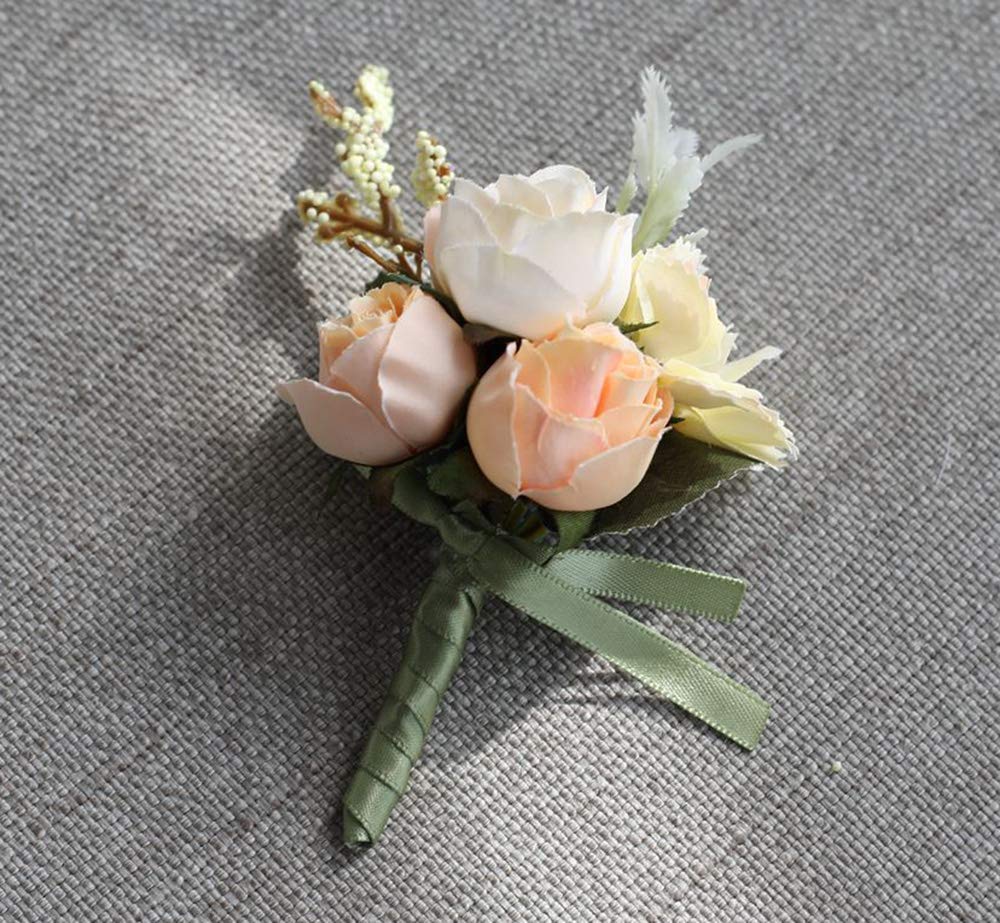 Artificial Rose Boutonniere & Corsage Set - Champagne Wedding Boutonnieres, Prom Party Suit Decorations - Pack of 2 for Groom, Bridesmaid & Special Occasions