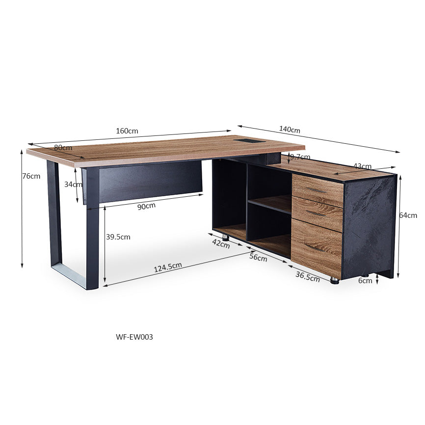 ADRIANO Executive Office Desk with Right Return - 160cm & 180cm Light Brown Wooden L-Shaped Desk for Home Office & Workspace