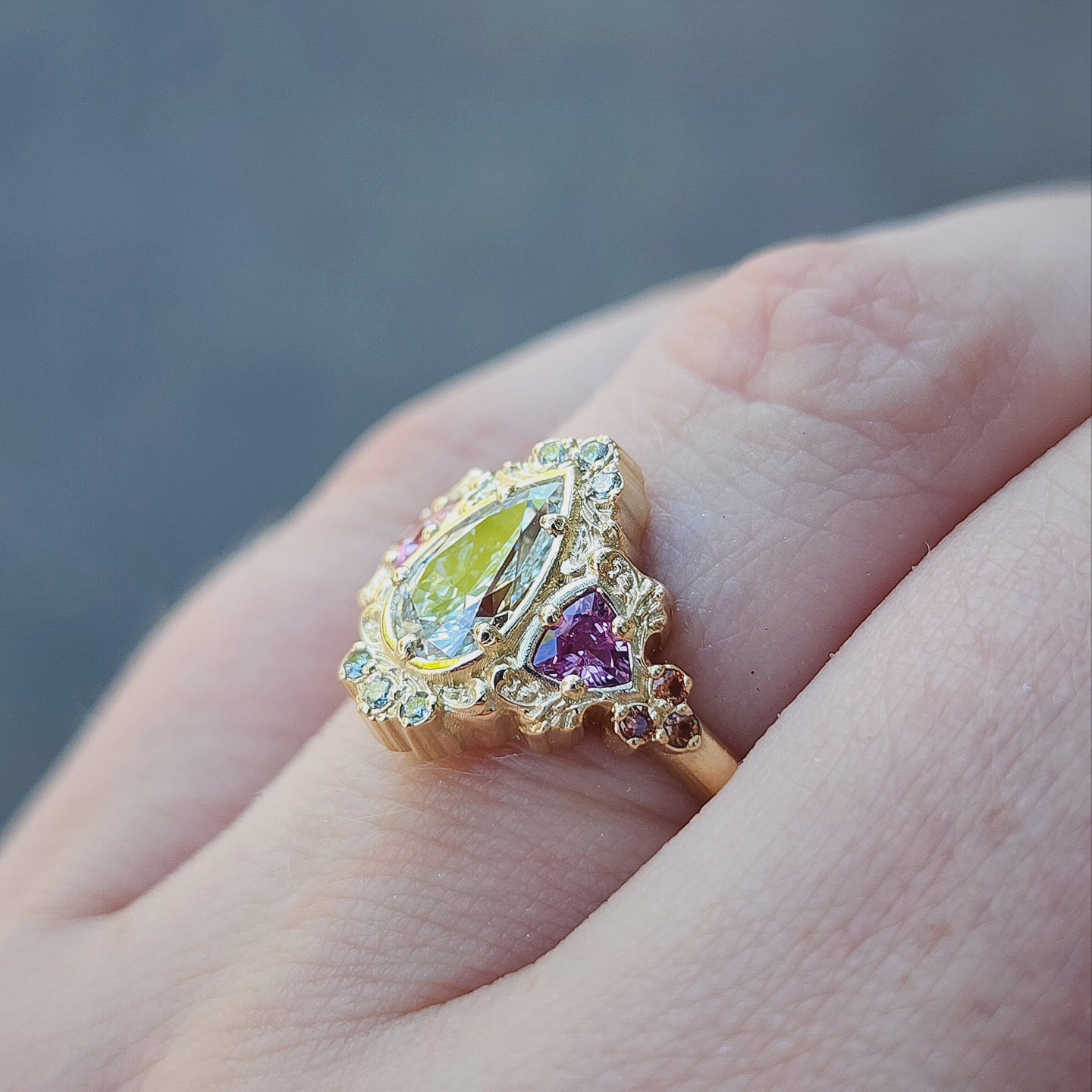 Ophelia Filigree Engagement Ring in 14k Gold with Trillion Cut Stones - Elegant Wedding Band for Proposals, Anniversaries & Romantic Occasions