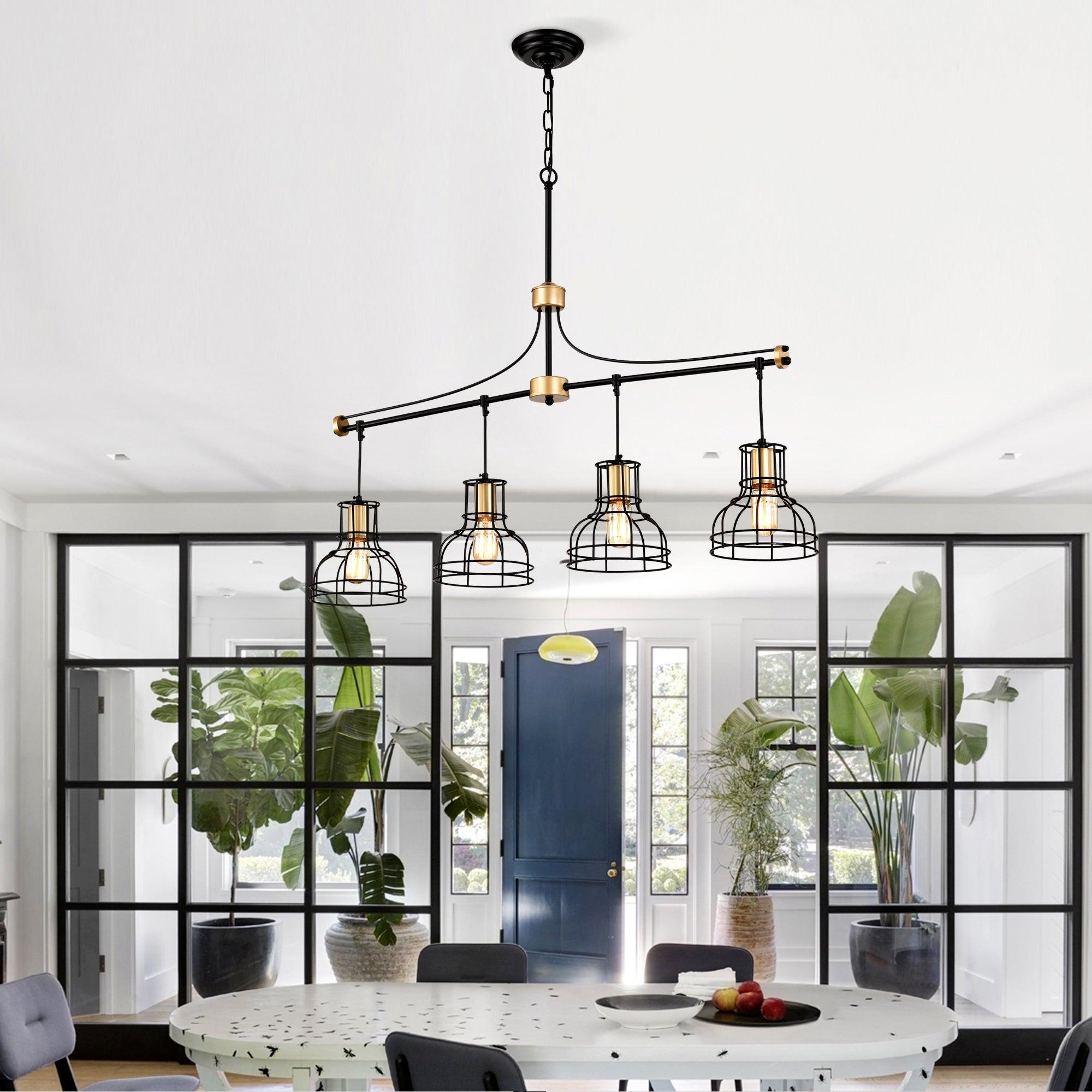 40 Inch Farmhouse Linear Chandelier - Matte Black & Gold Hanging Light Fixture with Metal Lampshade for Dining Room, Kitchen Island & Table Lighting | Rustic Home Decor, Modern Farmhouse Interior Design