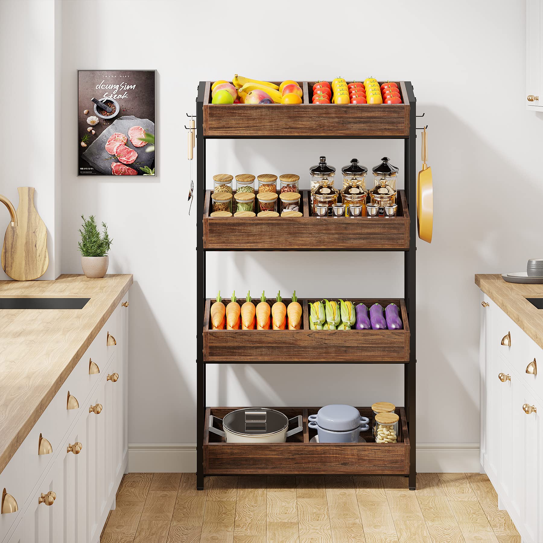 Tribesigns 4-Tier Wooden Storage Shelf - Kitchen Fruit & Vegetable Basket Stand, Pantry Organizer for Snacks, Office & Store Utility Rack - Space-Saving Brown & Black Shelving Unit | Perfect for Kitchen Organization, Pantry Storage, Retail Display & Home Decor