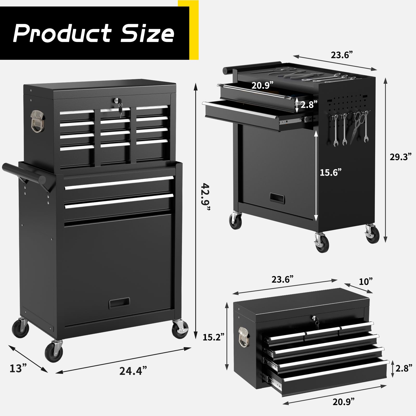 On Shine 8-Drawer Rolling Tool Chest - Heavy Duty Metal Tool Box with Wheels & Locking Mechanism, Large Capacity Sliding Drawer Storage for Garage, Workshop, or DIY Projects - Portable Mechanical Tool Organizer (Black)