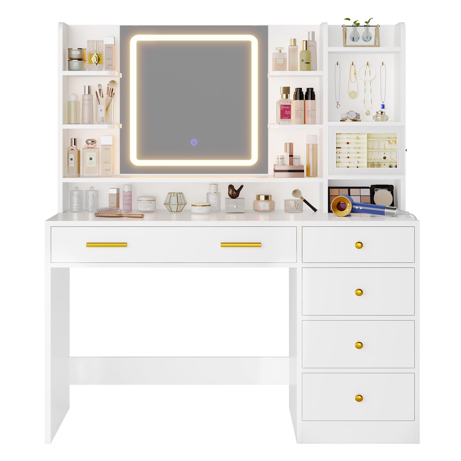 Modern White Makeup Vanity Desk with 3-Layer Jewelry Box, USB Charging Station & Touch Screen LED Mirror - 6 Drawers, Shelves & Hooks for Bedroom Organization - Perfect for Beauty Routines & Jewelry Storage