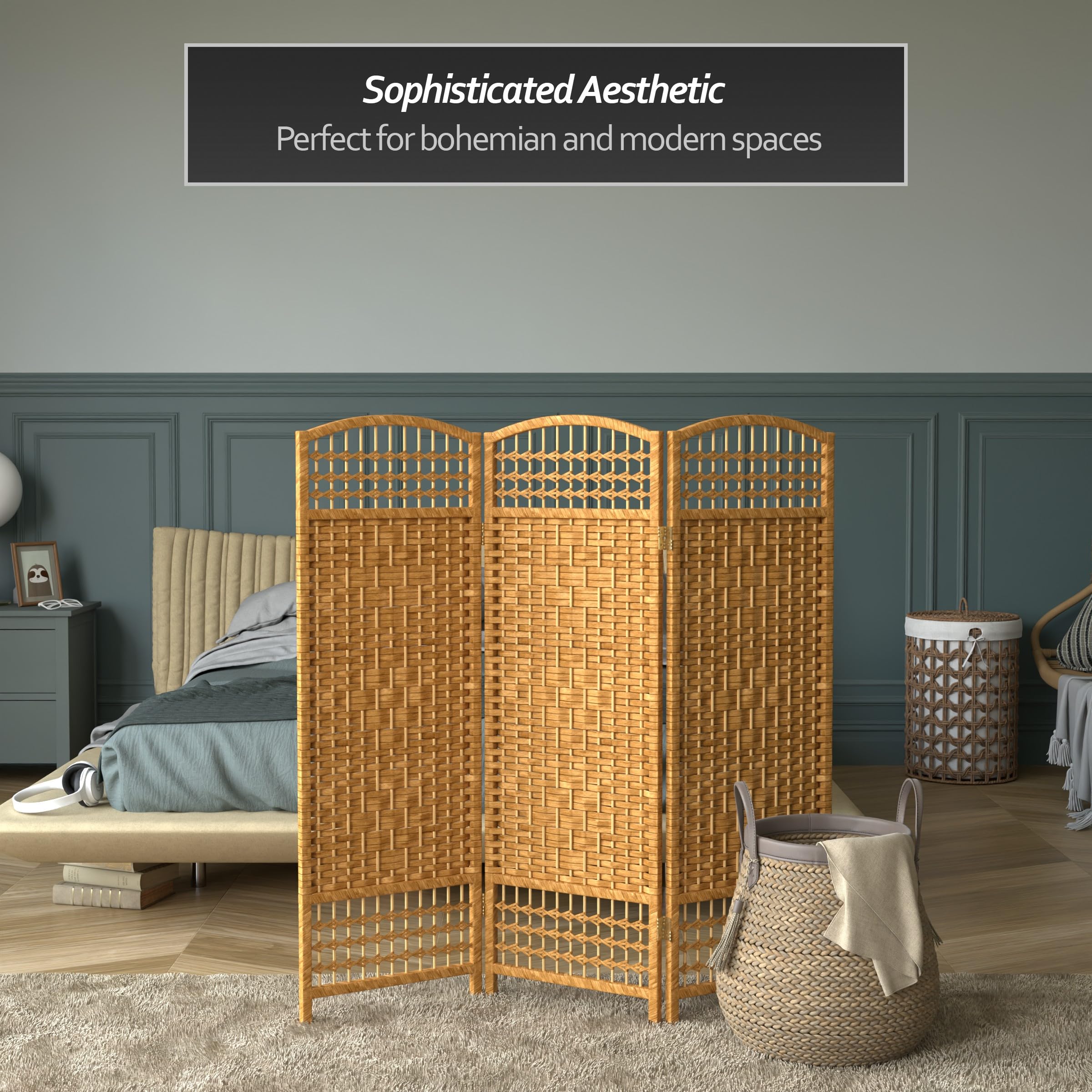 4 ft. Short Fiber Weave Folding Room Divider Screen - Light Beige - 3 Panel Privacy Partition for Home, Office & Events - Perfect for Living Room, Bedroom or Wedding Decor