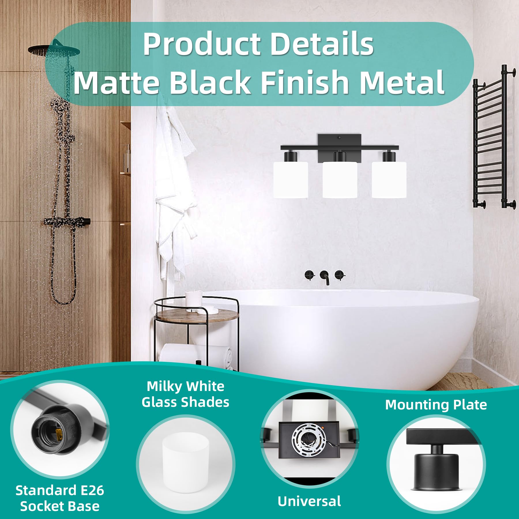 Modern Matte Black Vanity Light - 3-Light Bathroom Fixture for Bedroom & Living Room, E26 Socket (Bulbs Not Included) - Elegant Home Lighting
