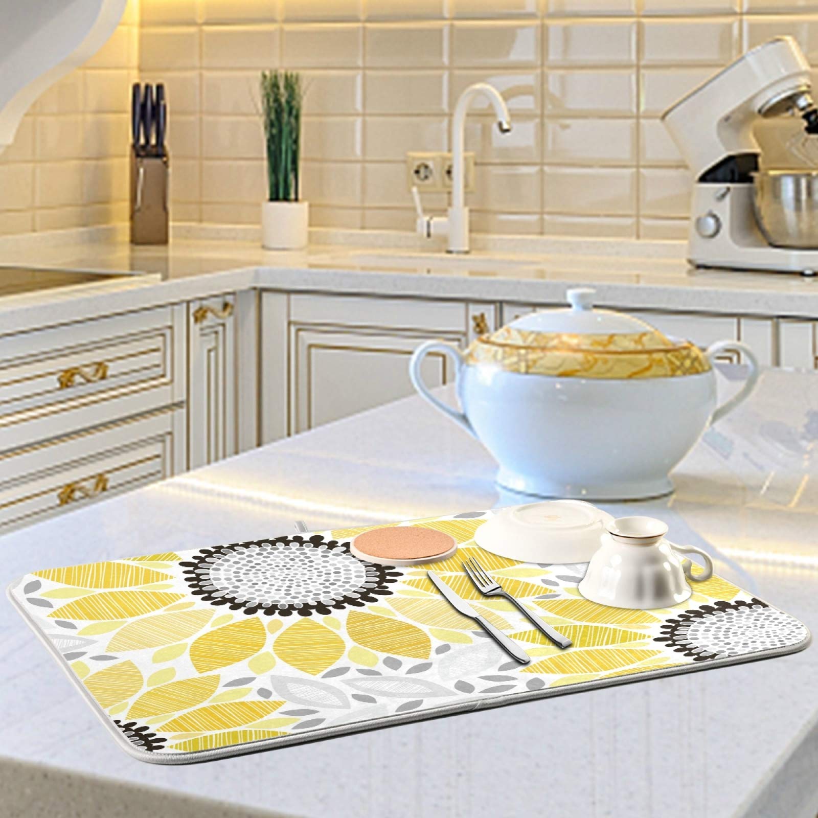 Sunflower Dish Drying Mat - Absorbent Microfiber Kitchen Counter Mat (16x18 Inch) for Dishes & Utensils