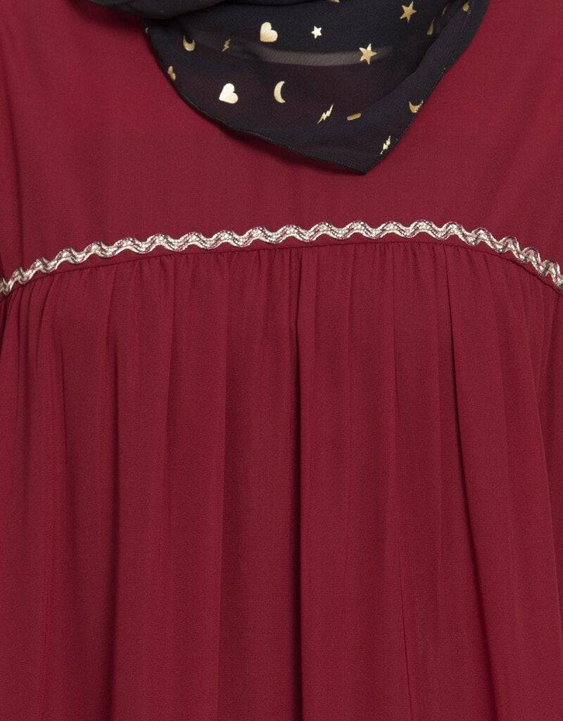 Elegant Arabic 3-Panel Gathered Abaya with Zig Zag Lace Flare - Maroon Color for Women | Perfect for Eid, Wedding & Special Occasions