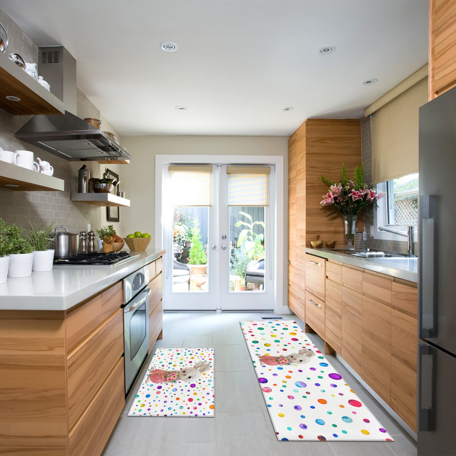 Non-Slip Kitchen Rugs Set of 2 - Easter Bunny & Spring Flower Design, Polka Dot Floor Mat for Laundry Room, Doormat & Area Carpet - Perfect for Spring Decor & Home Safety