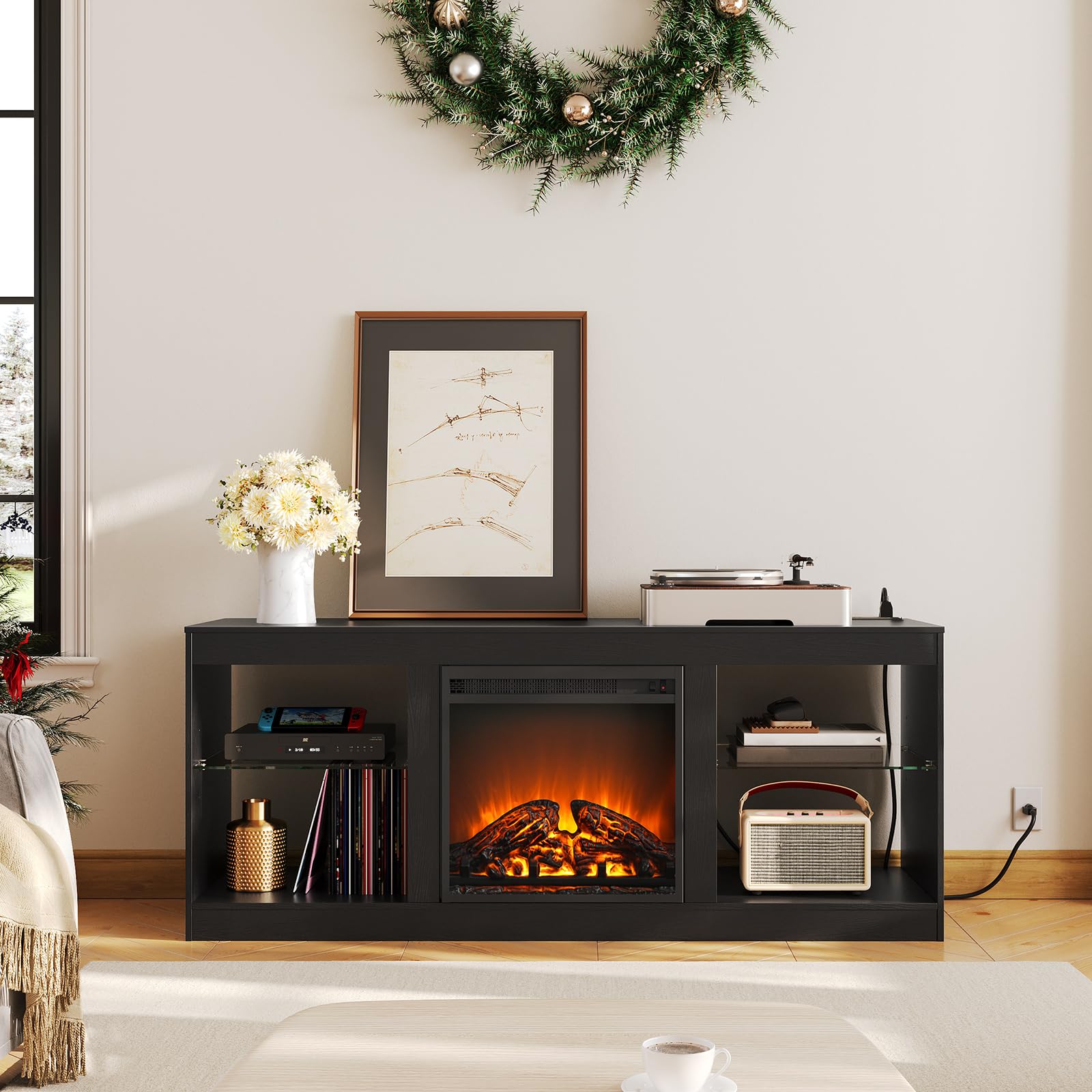 HOOBRO 65 Inch Fireplace TV Stand with LED Lights & Power Outlets, Electric Fireplace Entertainment Center with Adjustable Shelves - Modern TV Console for Living Room, Bedroom & Office (Black BK048UDDS01US) | Perfect for Home Theater Setup & Cozy Winter Nights
