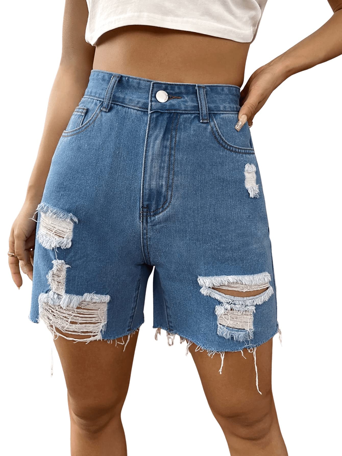 SweatyRocks Women's High Waist Denim Shorts - Straight Leg Raw Hem Jean Shorts with Pockets | Summer Casual Hot Pants for Beach, Streetwear & Vacation Outfits