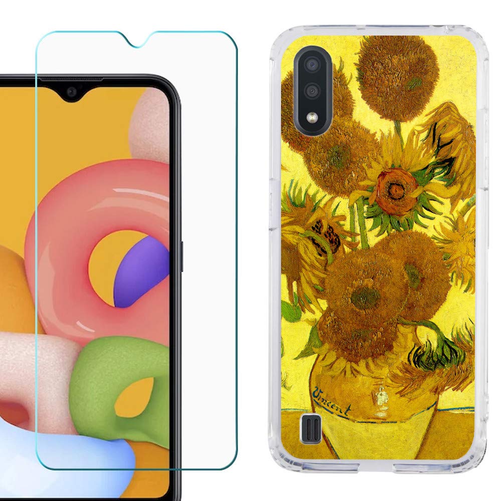 Slim-Fit TPU Phone Case for Samsung Galaxy A01 with Tempered Glass Screen Protector - Shockproof & Durable Cover by One Tough Shield - Sunflower Design - Perfect for Everyday Use & Outdoor Activities
